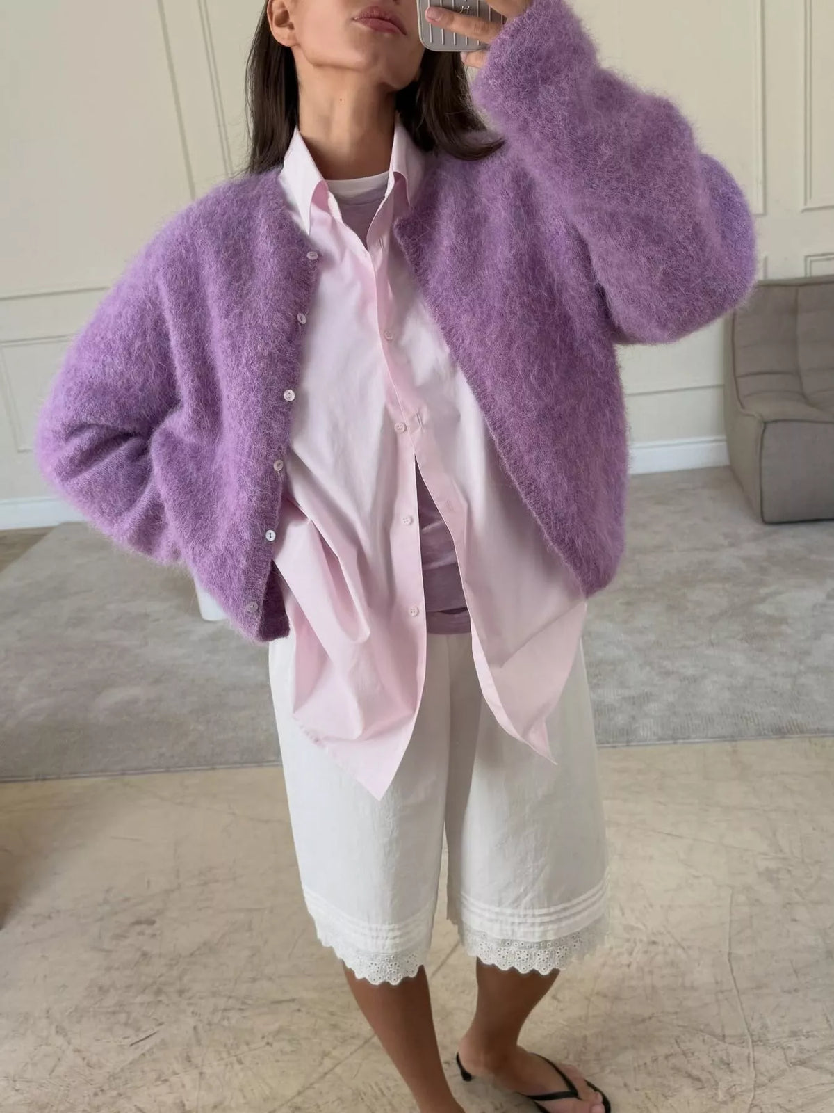 Fuzzy Knit Button-Down Cardigan