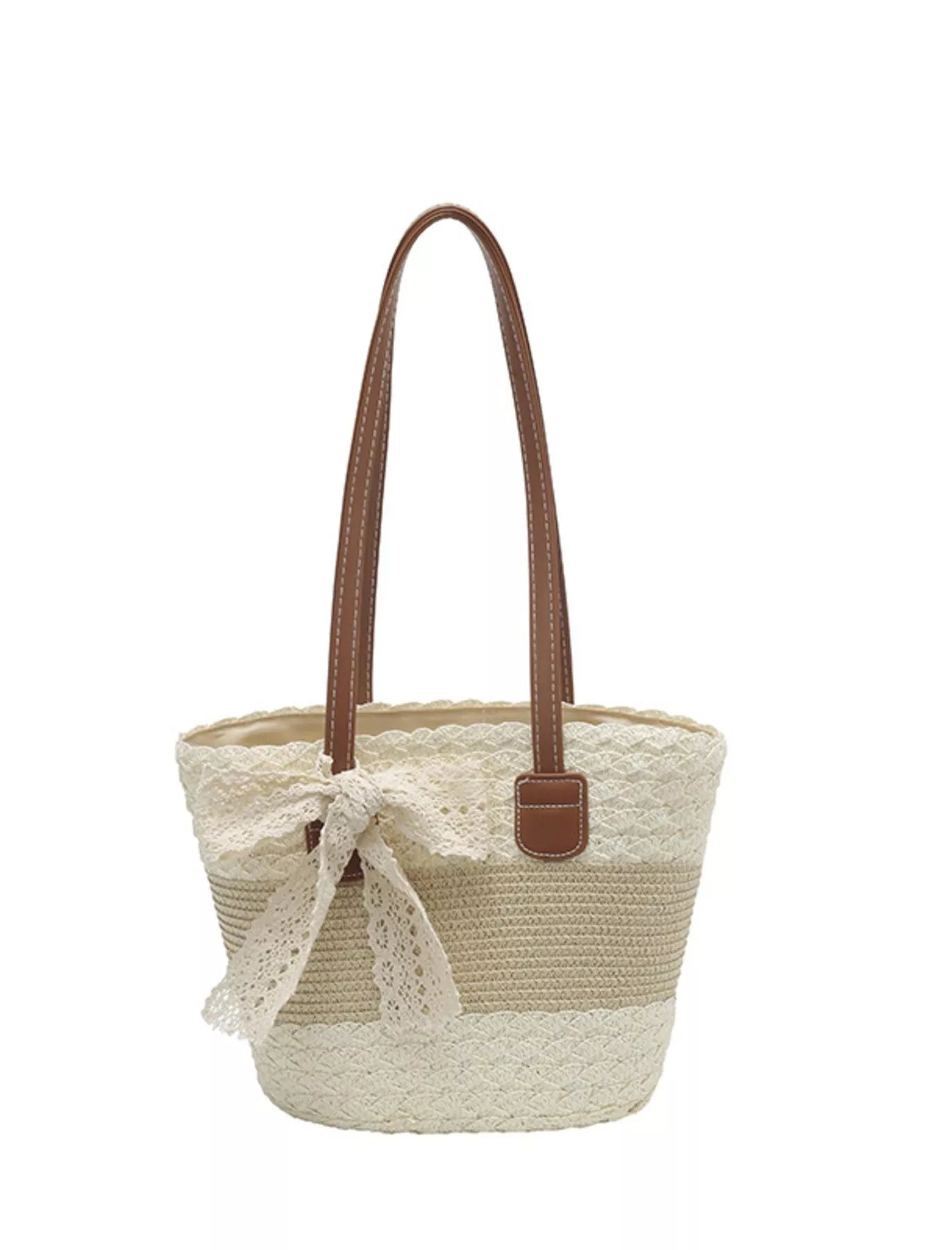 Lace Trimmed Straw Shoulder Bag