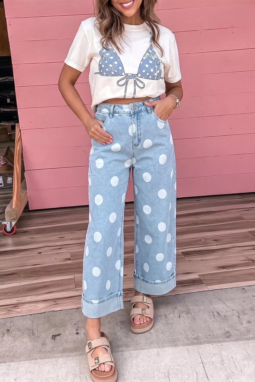Polka Dot Ankle-Length Metal Button Casual Jeans