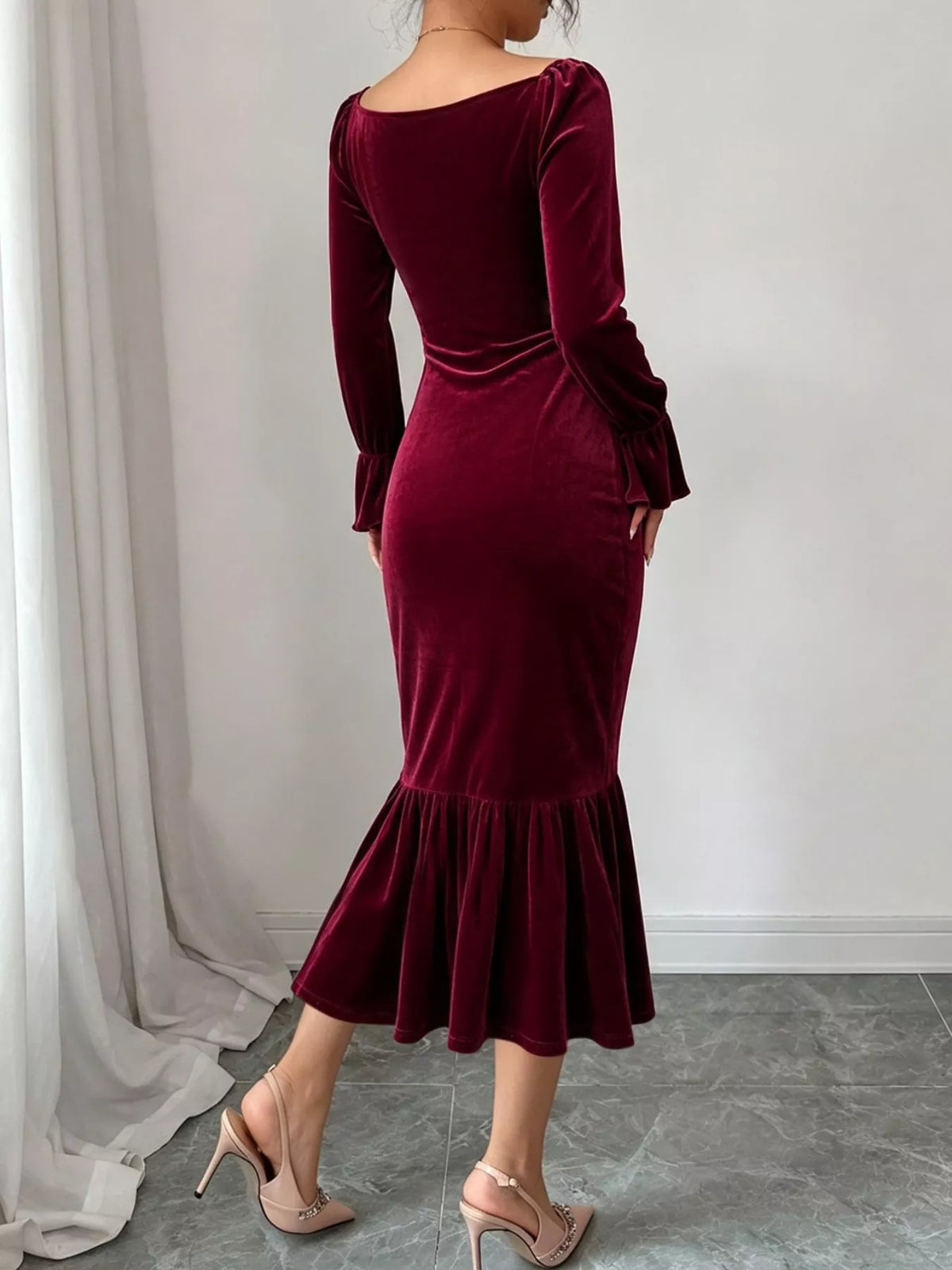Velvet Ruched Ruffle Hem Midi Dress