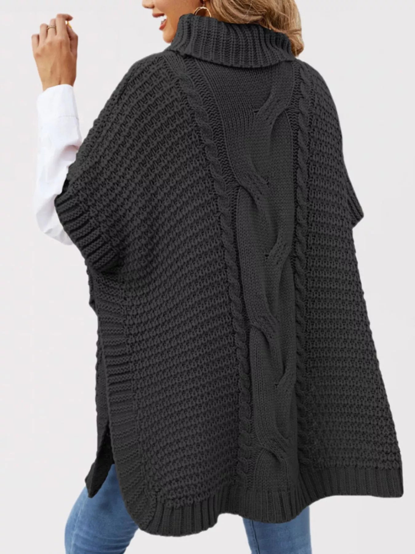 Turtleneck Cable-Knit Short Sleeve Oversized Sweater