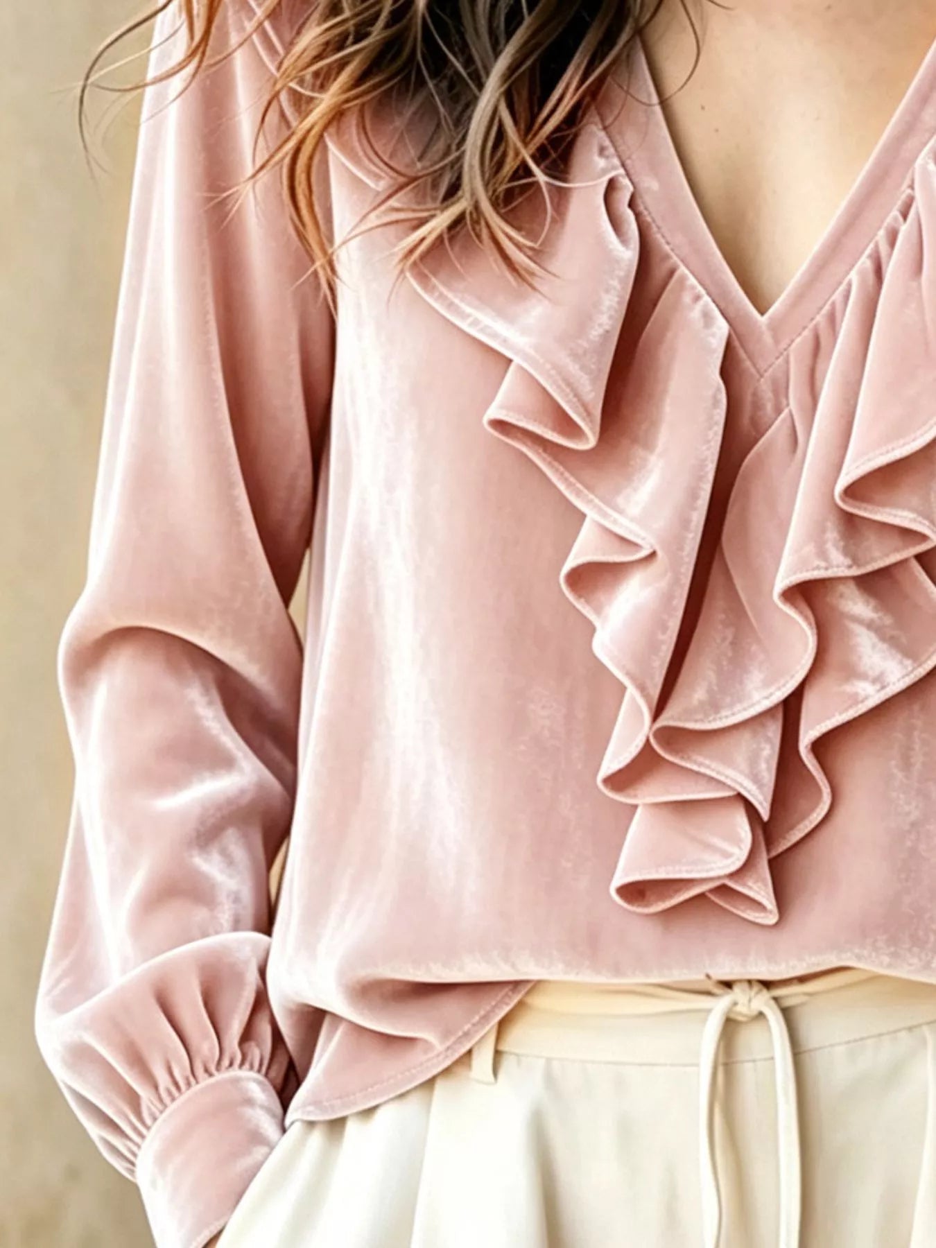 Ruffled V-Neck Long Sleeve Blouse