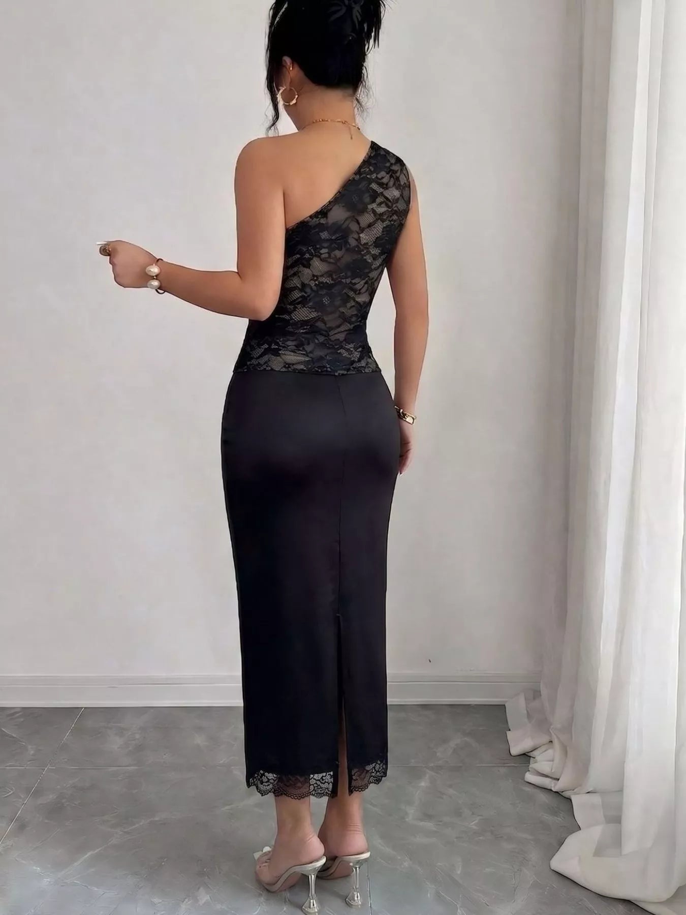 One-Shoulder Lace Trimmed Midi Dress