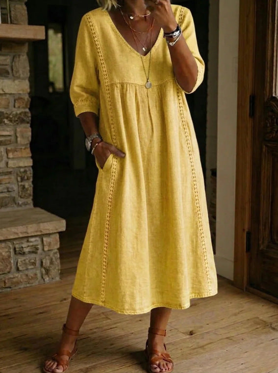 Women's Linen Cotton V-Neck Dress – Lace Trim, Loose Fit, 7 Colors