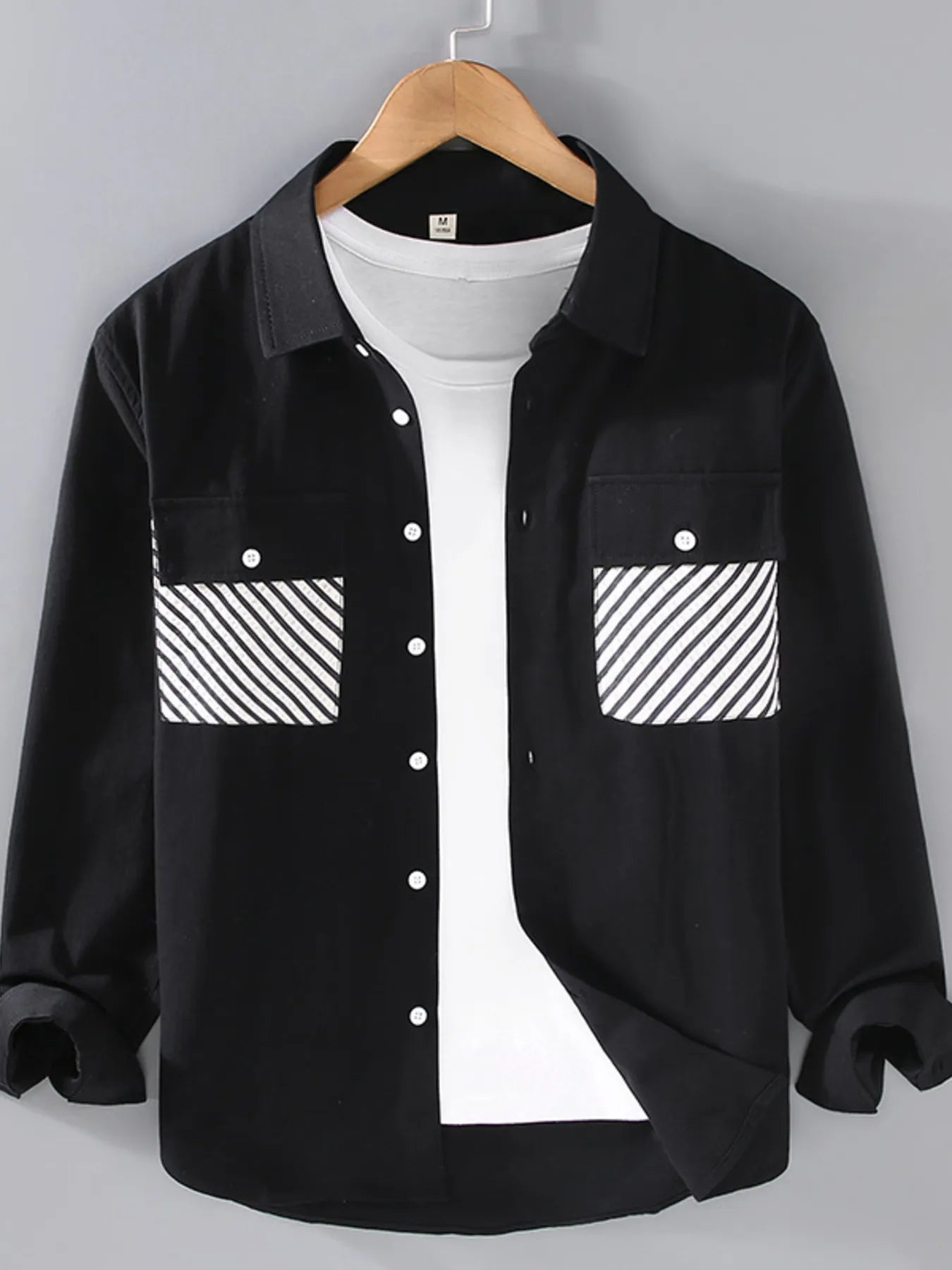 Men's Plus Size Button-Down Shirt with Striped Pocket Detail