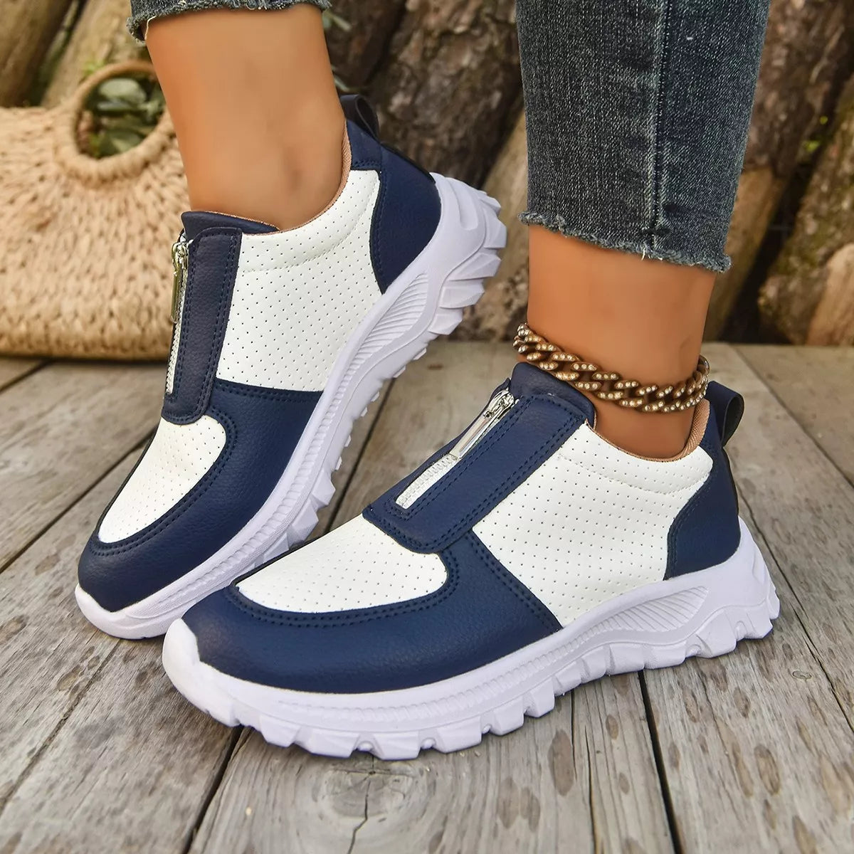 Contrast Breathable Zip Sneakers