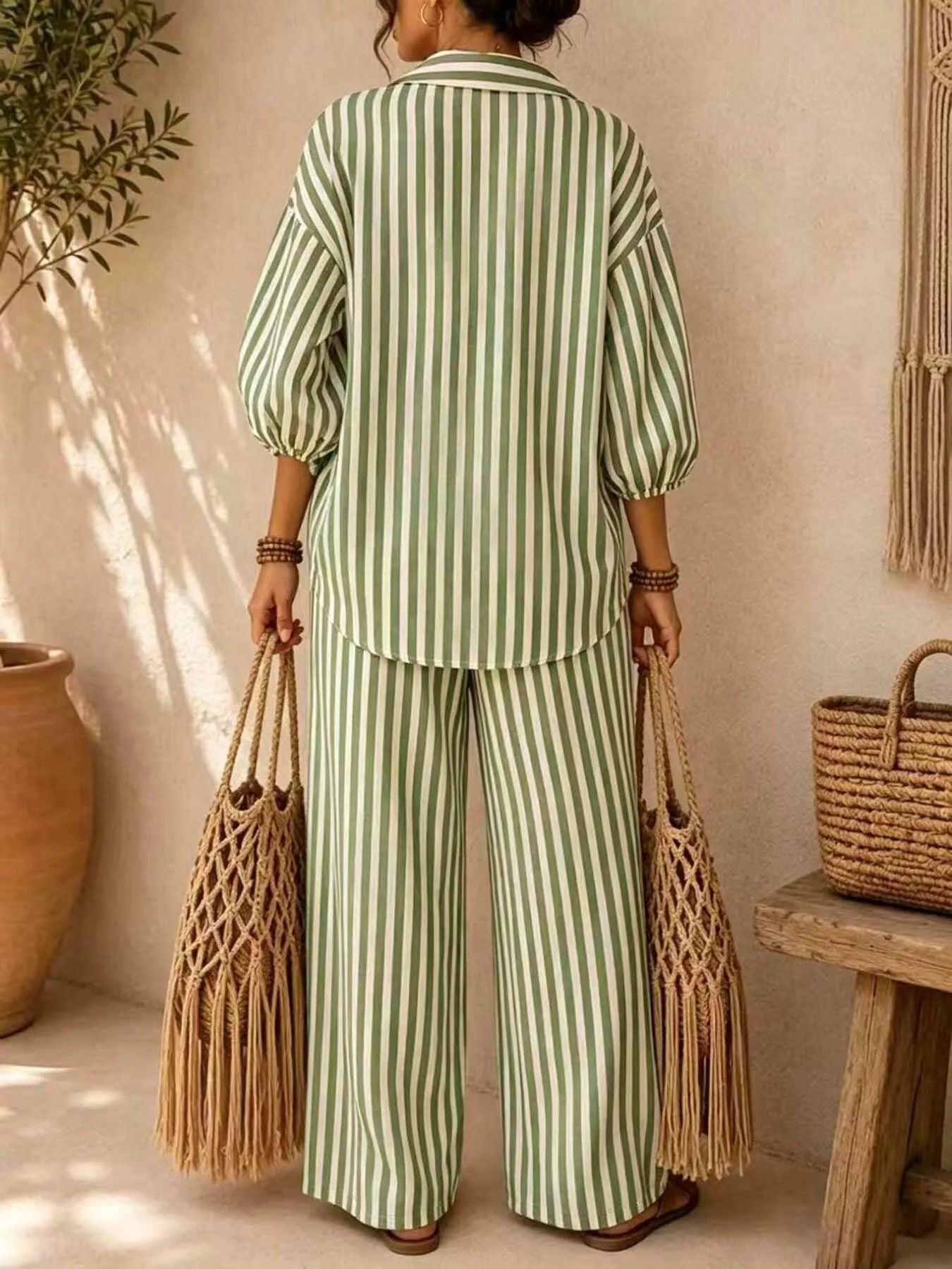Full Size Striped Puff Sleeve Shirt and Wide-Leg Drawstring Pants Set Plus Size