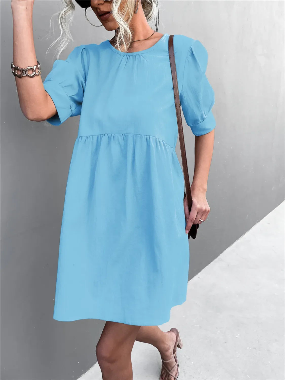 Round Neck Puff Sleeve Mini Dress