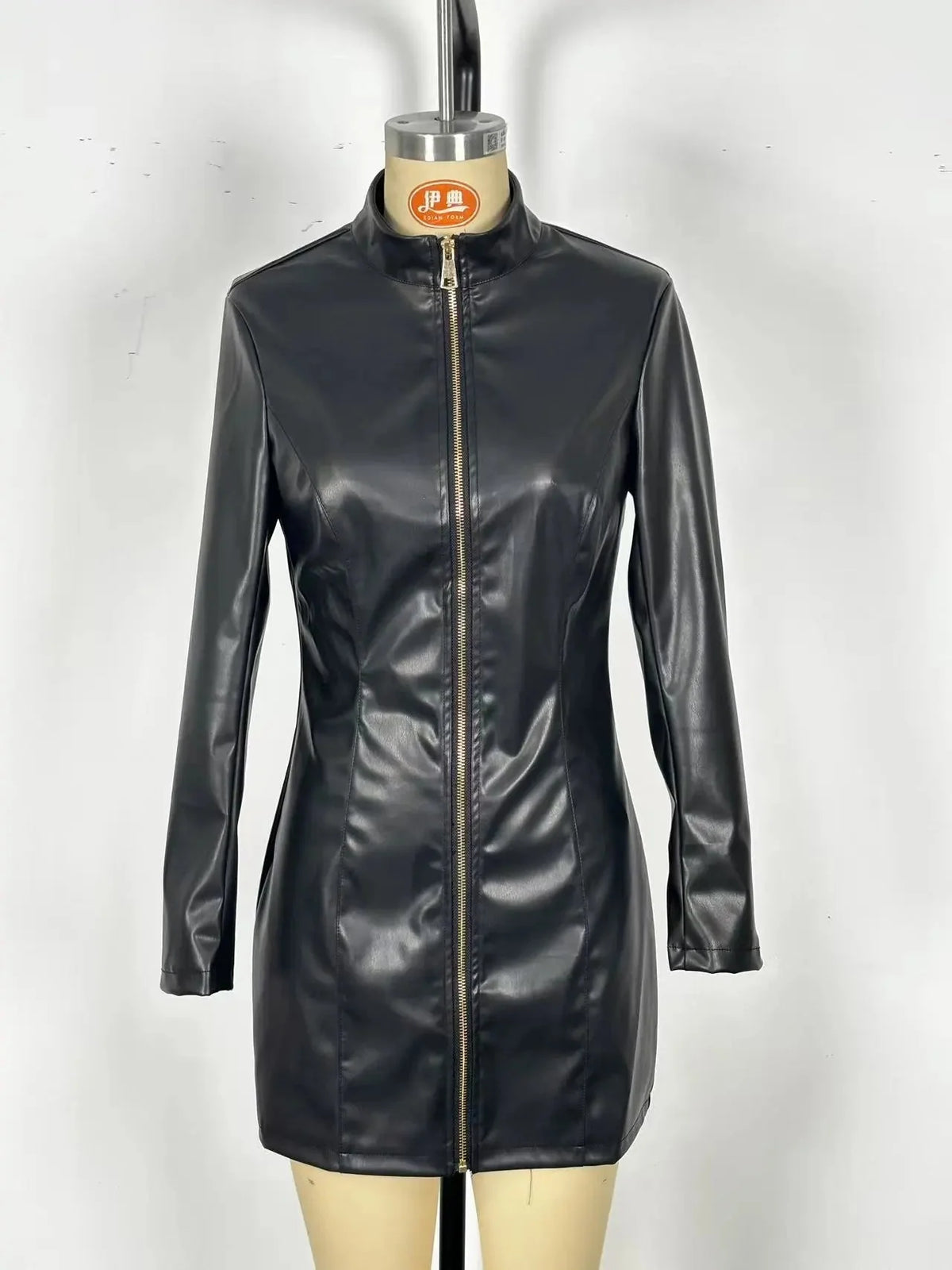 Women's Leather-Look Zip-Front Stand-Collar Mini Dress