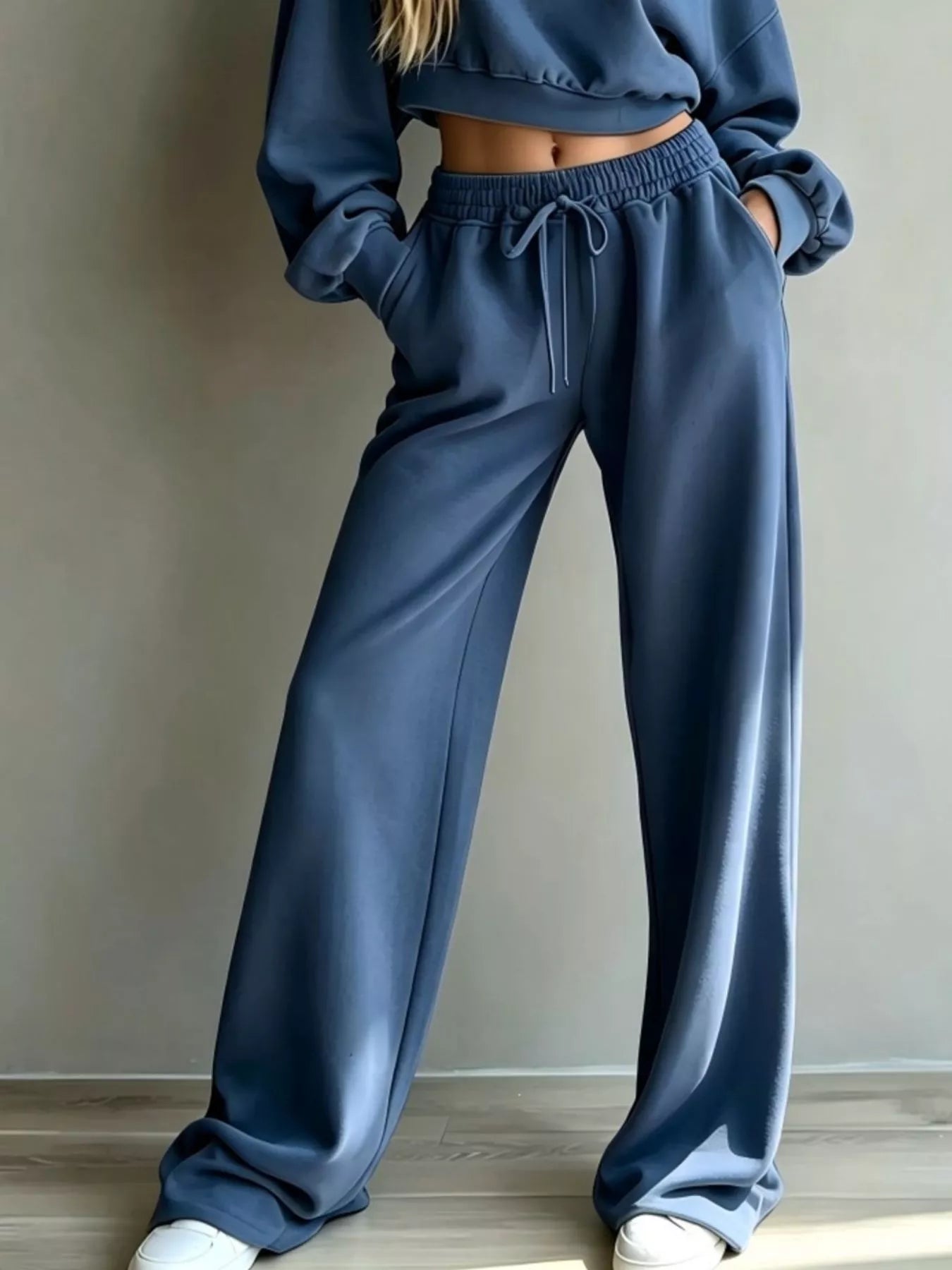 Round Neck Cropped Sweatshirt and Wide-Leg Pants Set