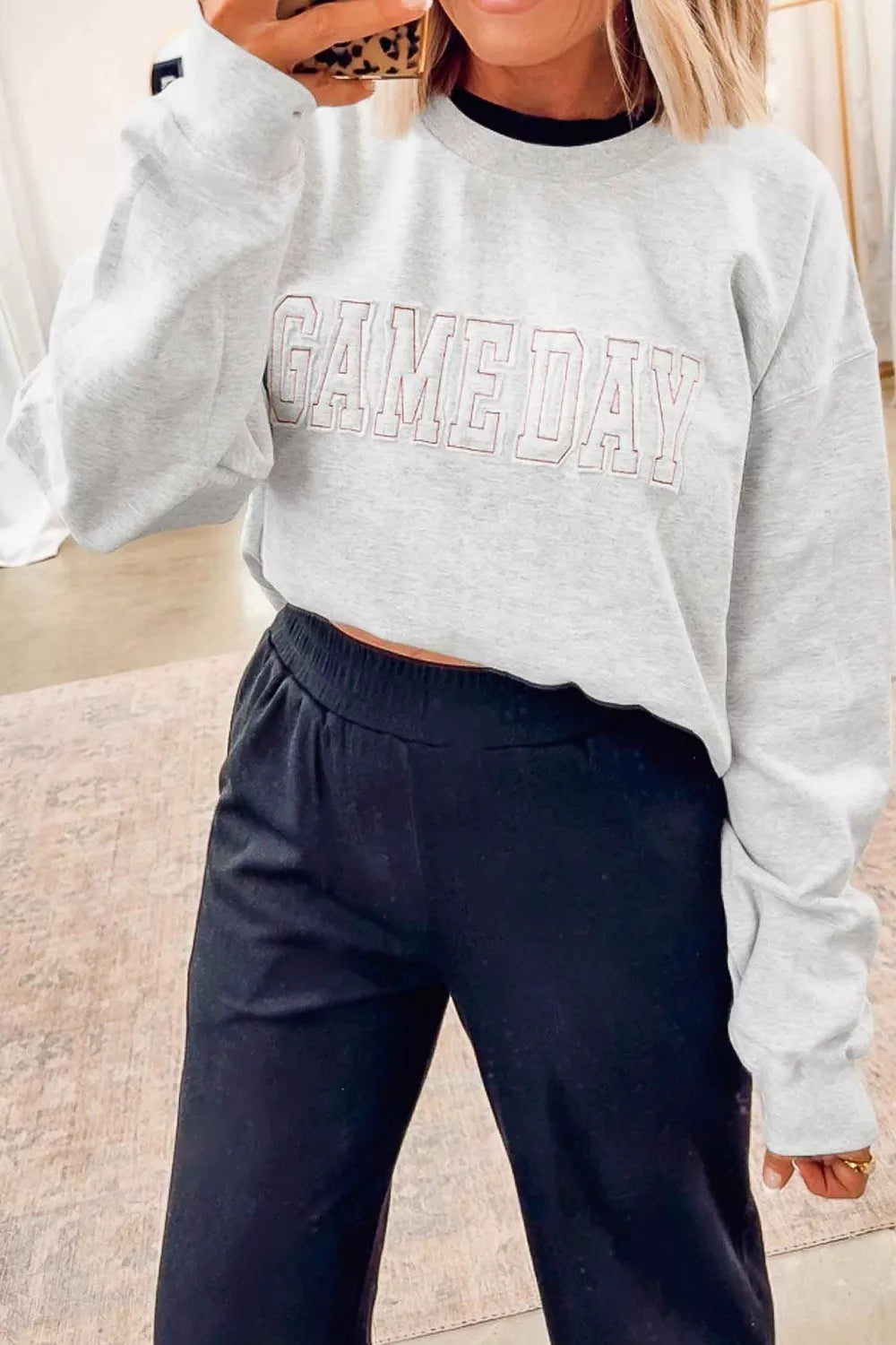 Game Day Letter Embroidery Long Sleeve Round Neck Sweatshirt