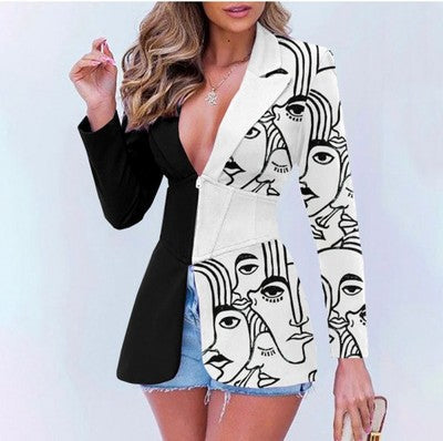 Women's Printed Contrast Color Lapels Blazer (See size chart where applicable)