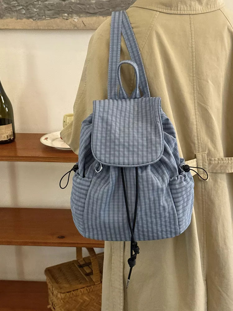 Plaid Drawstring Closure Backpack Bag