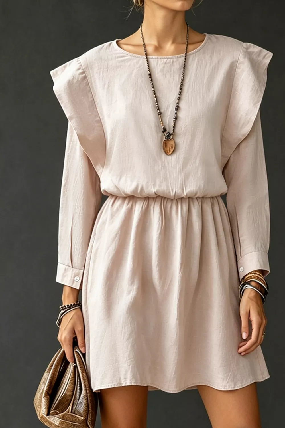 Ruffled Round Neck Long Sleeve Dress