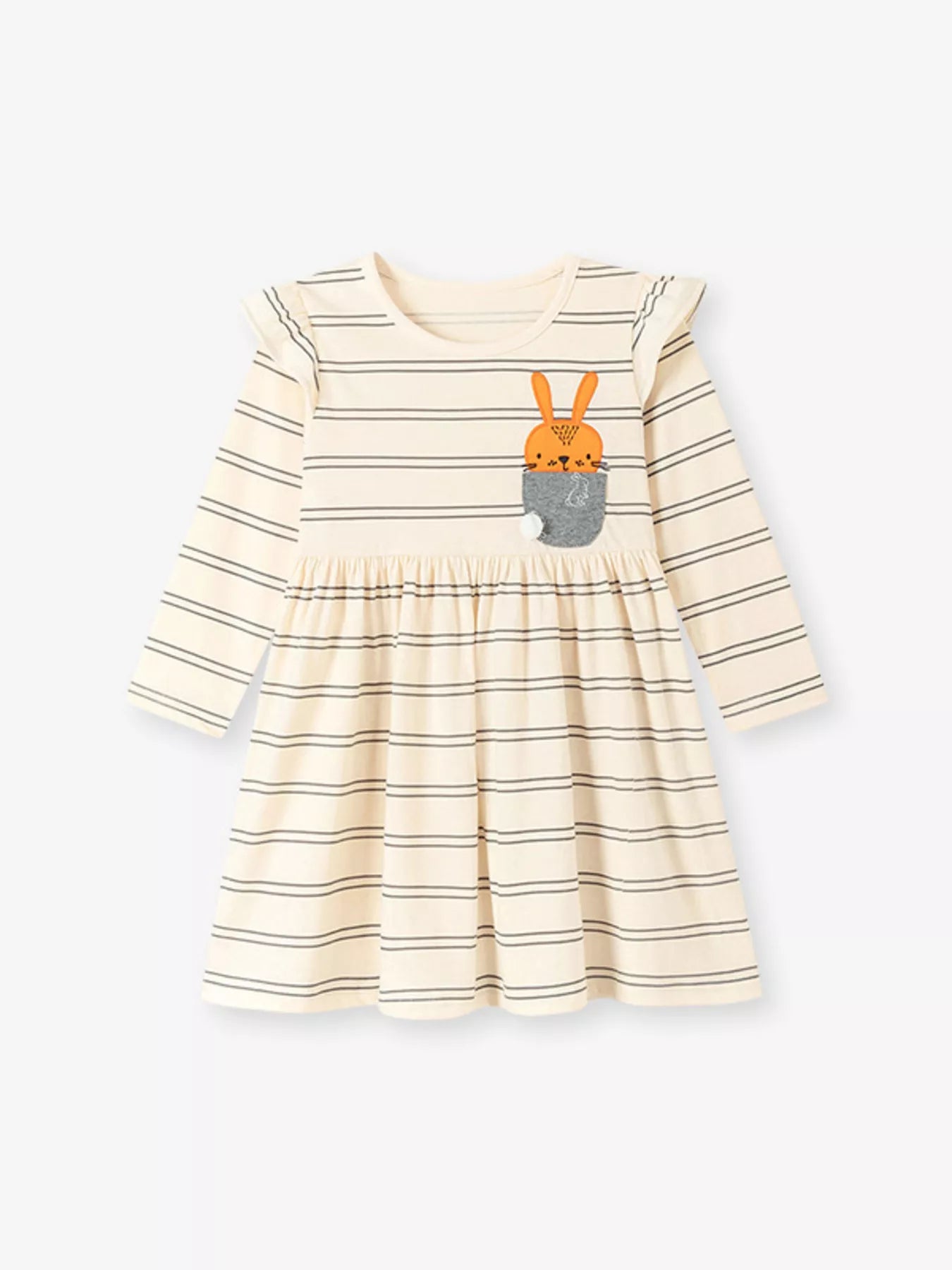 Children's Striped Long-Sleeve Dress with Rabbit Pocket Detail