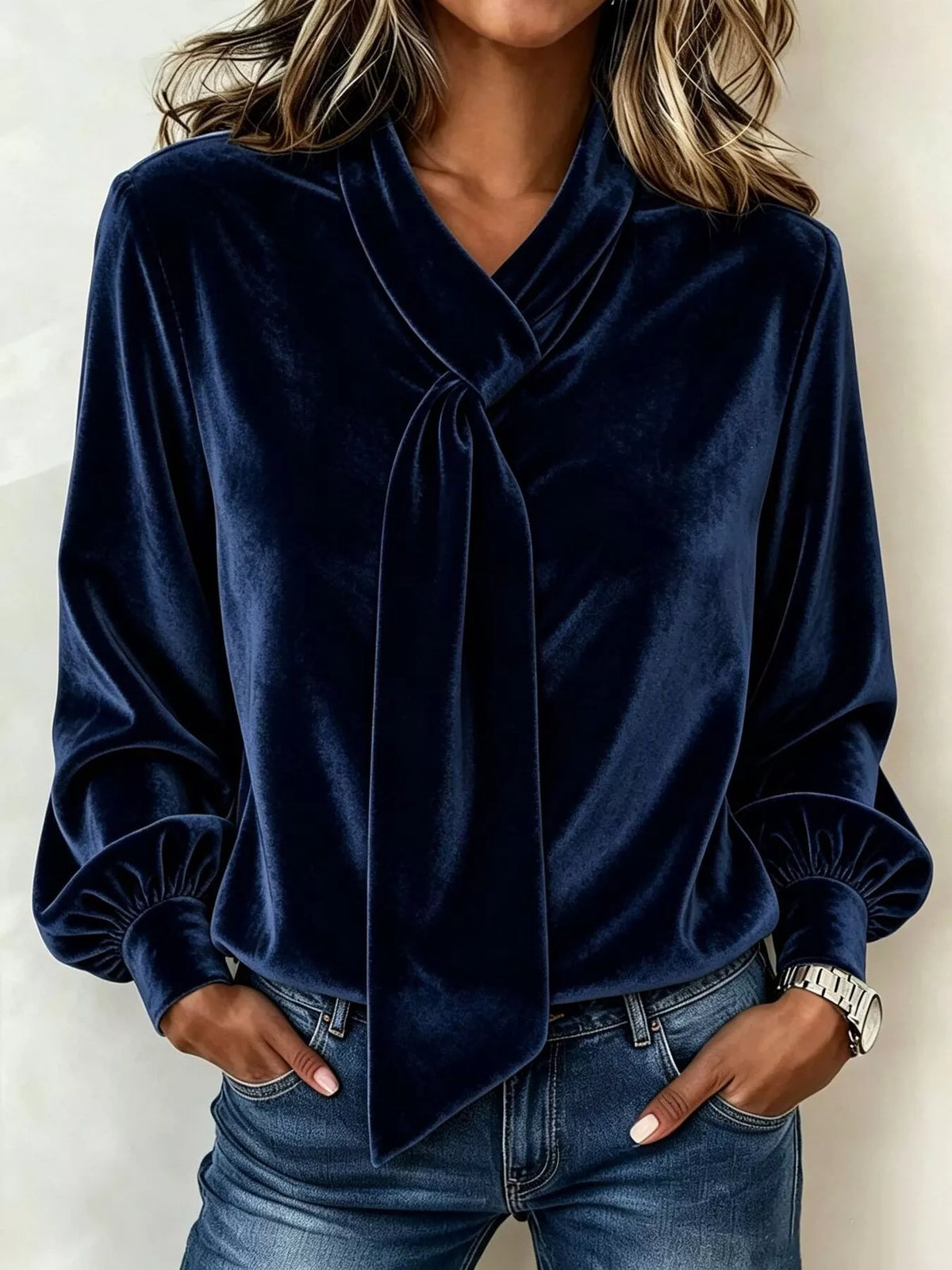 Full Size Velvet Tie-Neck Long Sleeve Top Plus Size