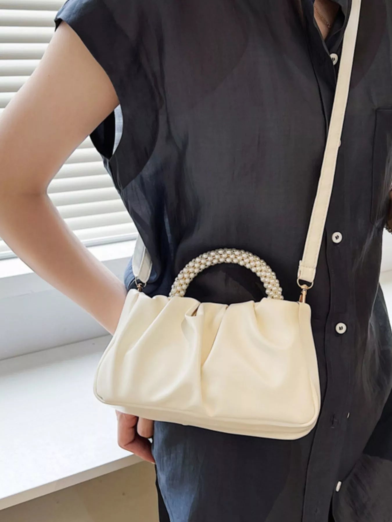 Pearl Handle Ruched Crossbody Bag