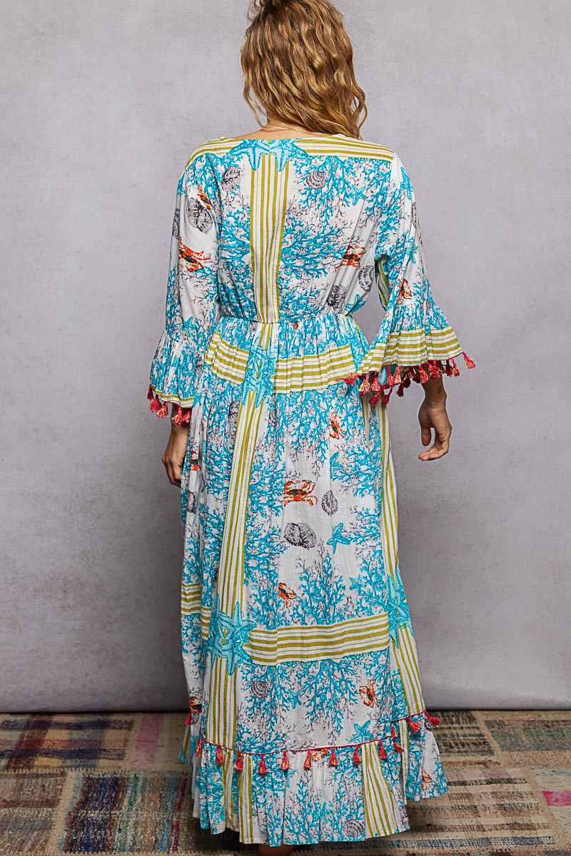 POL Bohemian Print Tassel Trim Maxi Dress