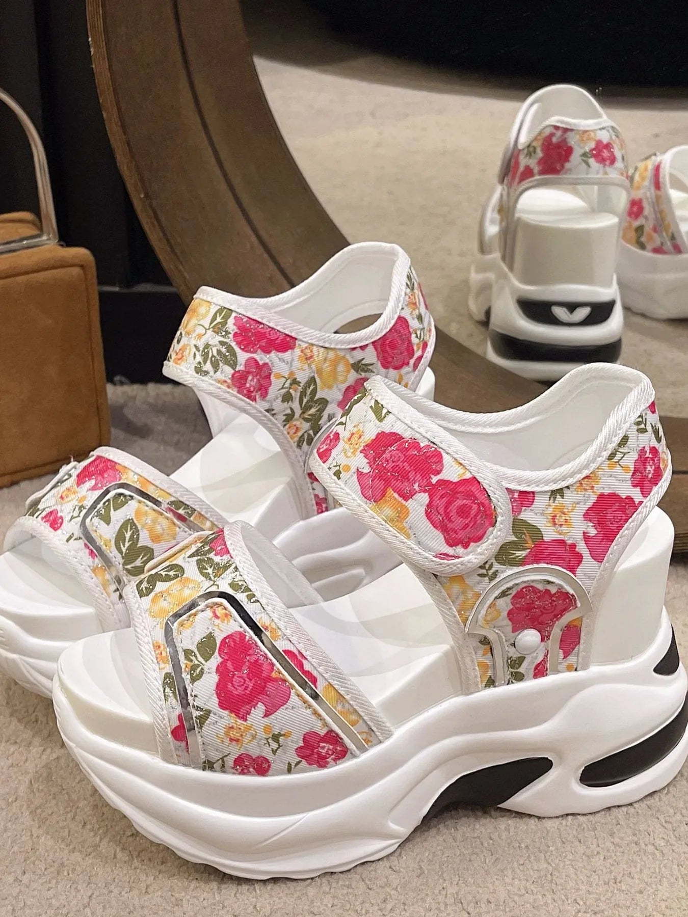 Floral Platform Wedge Sandals with Velcro