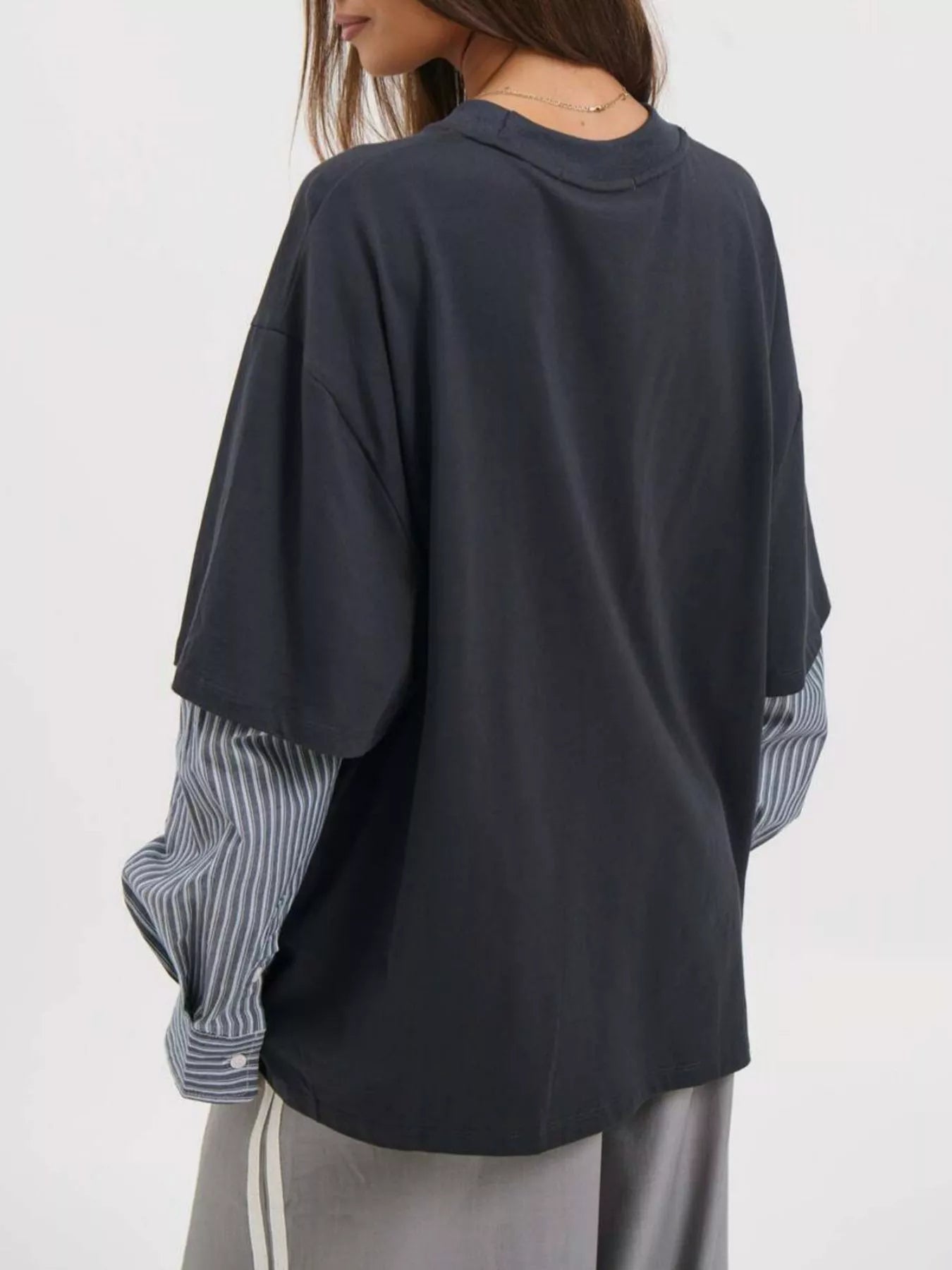 Oversized Layered-Look T-Shirt with Striped Sleeves