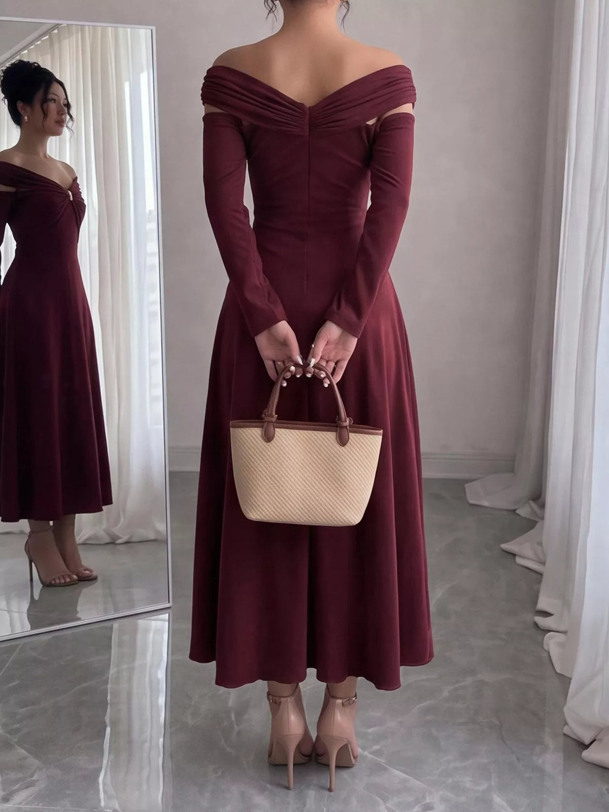 Off-Shoulder Long-Sleeve Maxi Dress