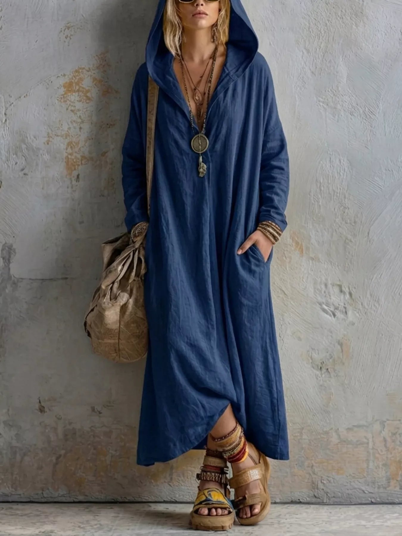 Long Sleeve Hooded Midi Dress with Pockets