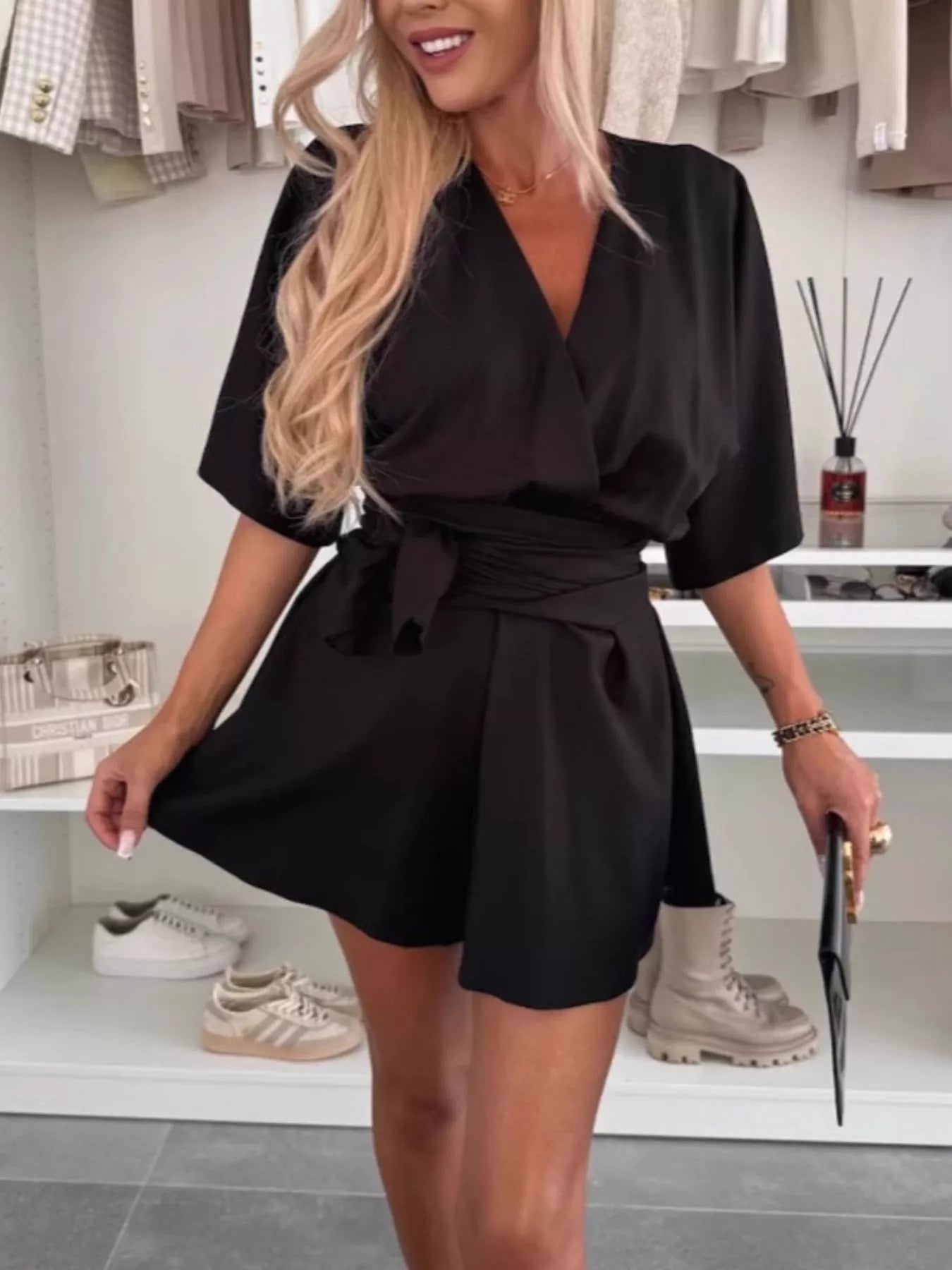 Full Size Surplice Tie Waist Romper Plus Size