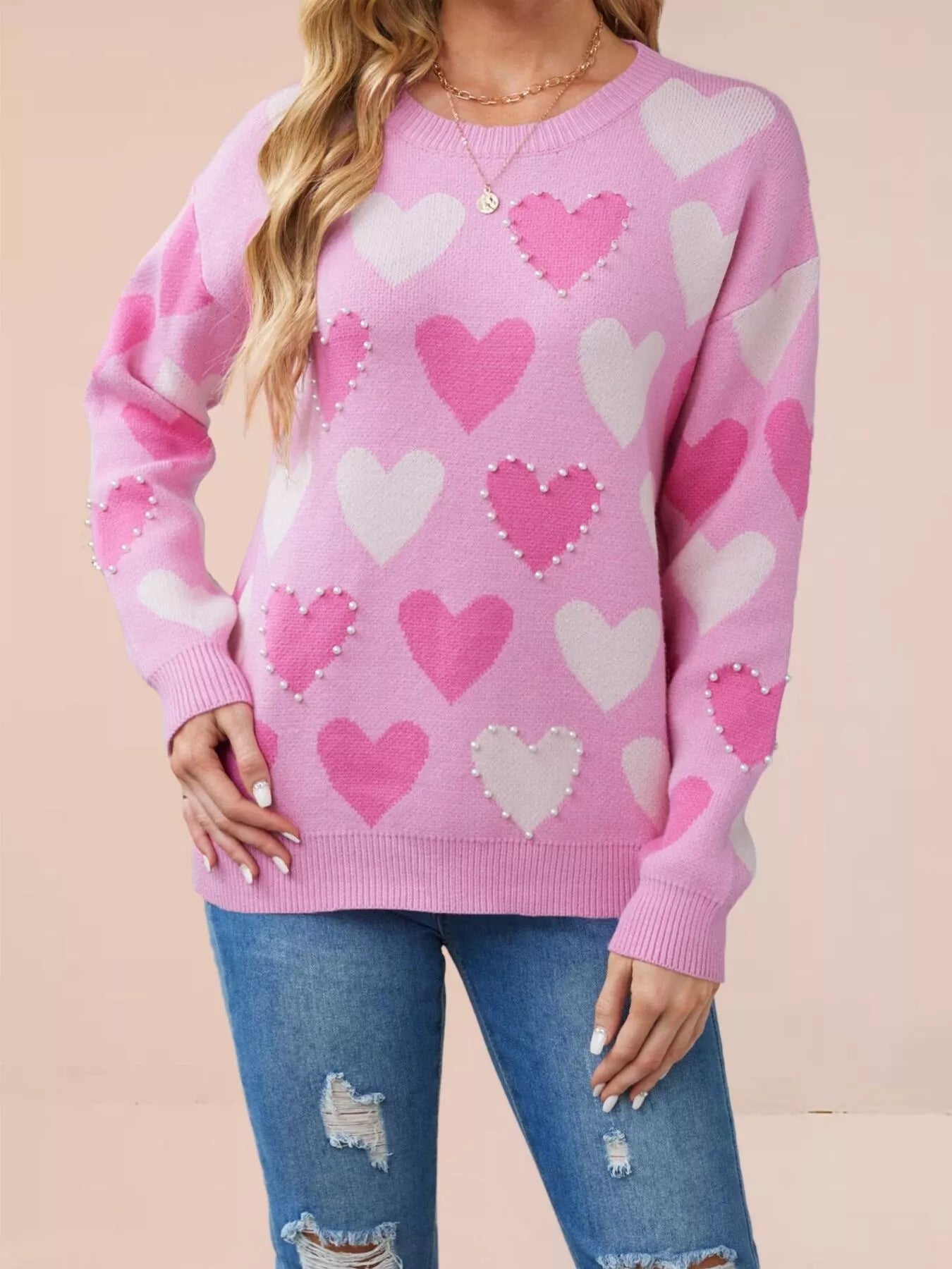 Heart Pattern Pearl Embellishments Sweater