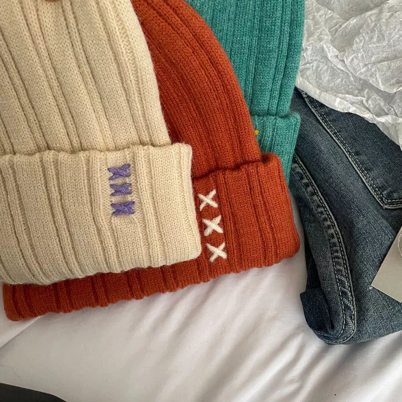Knitted Beanie Hat with Embroidered Detail