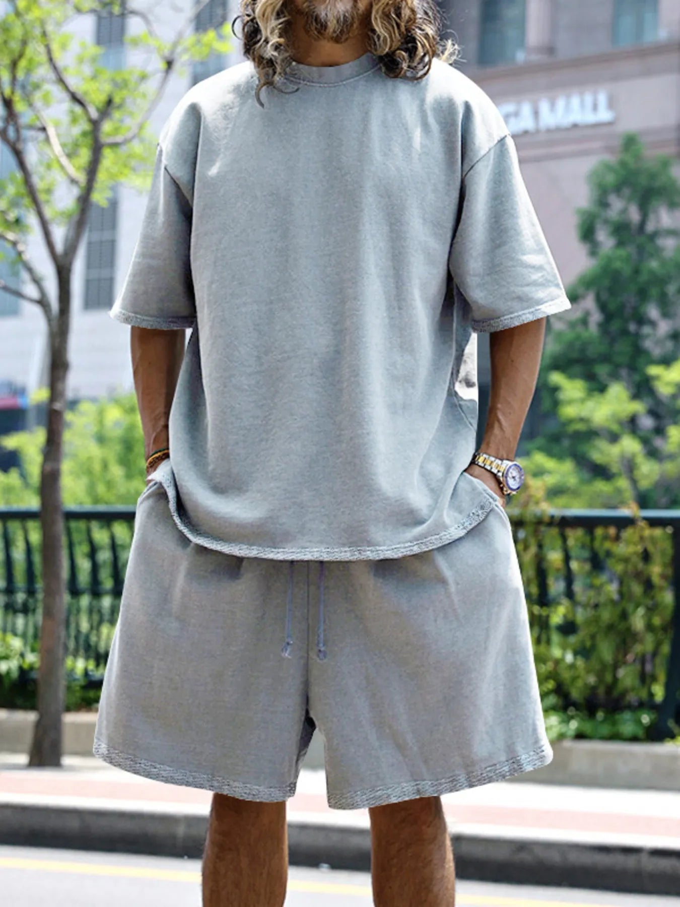 Men's Full Size Round Neck Short Sleeve Top and Shorts Set Plus Size