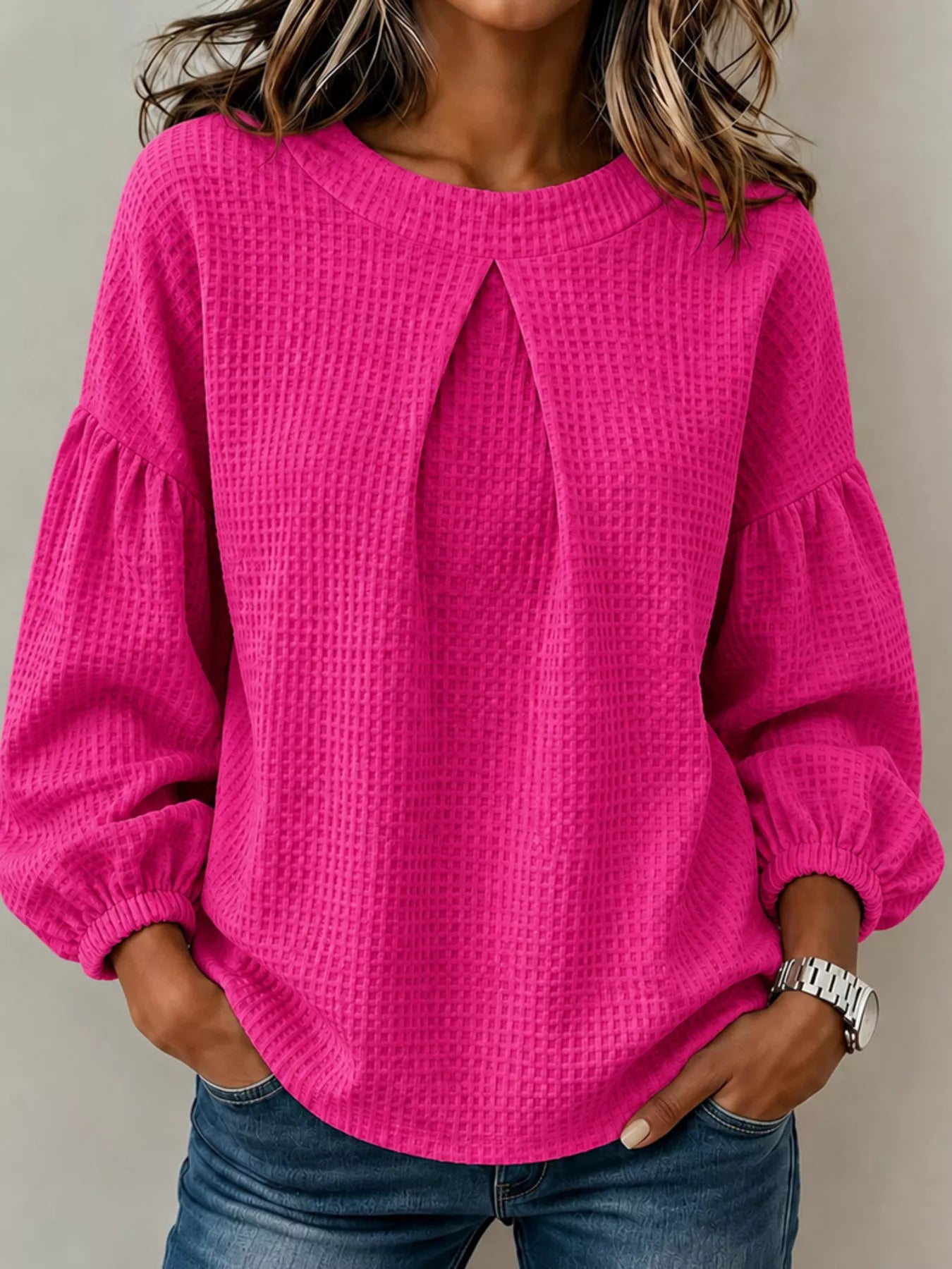 Waffle Knit Round Neck Top
