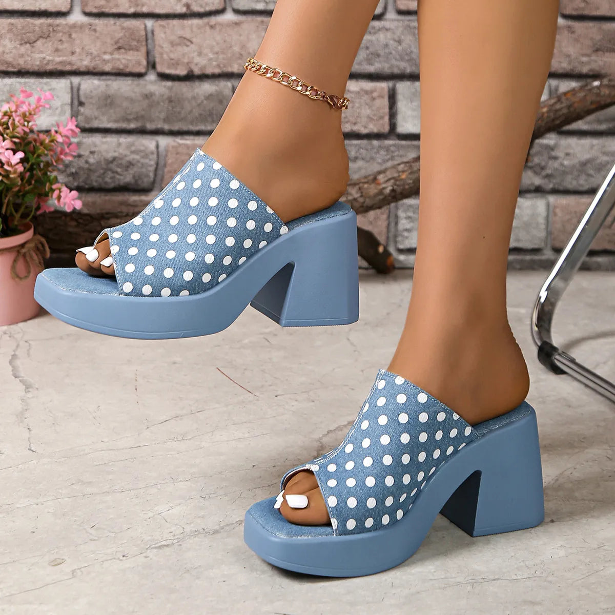 Polka Dot Block Heels Sandals