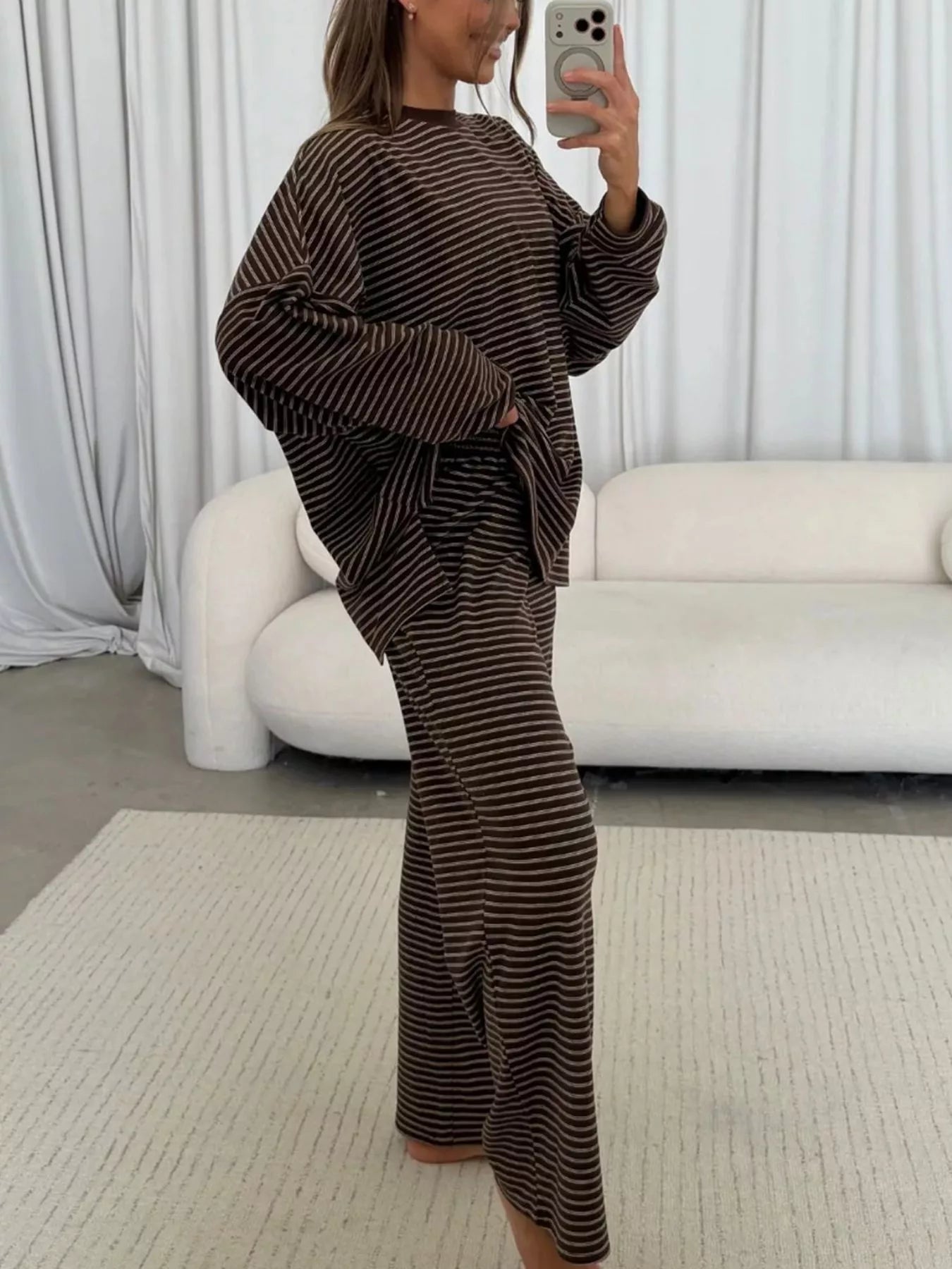 Striped Long Sleeve Top and Wide Leg Pants Set