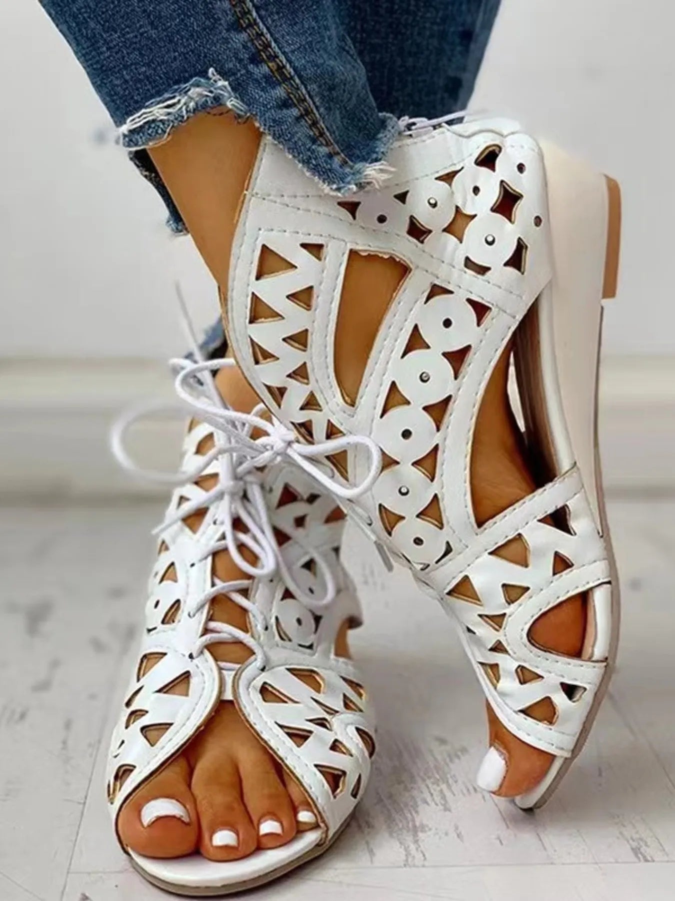 Lace-Up Geometric Cutout Sandals