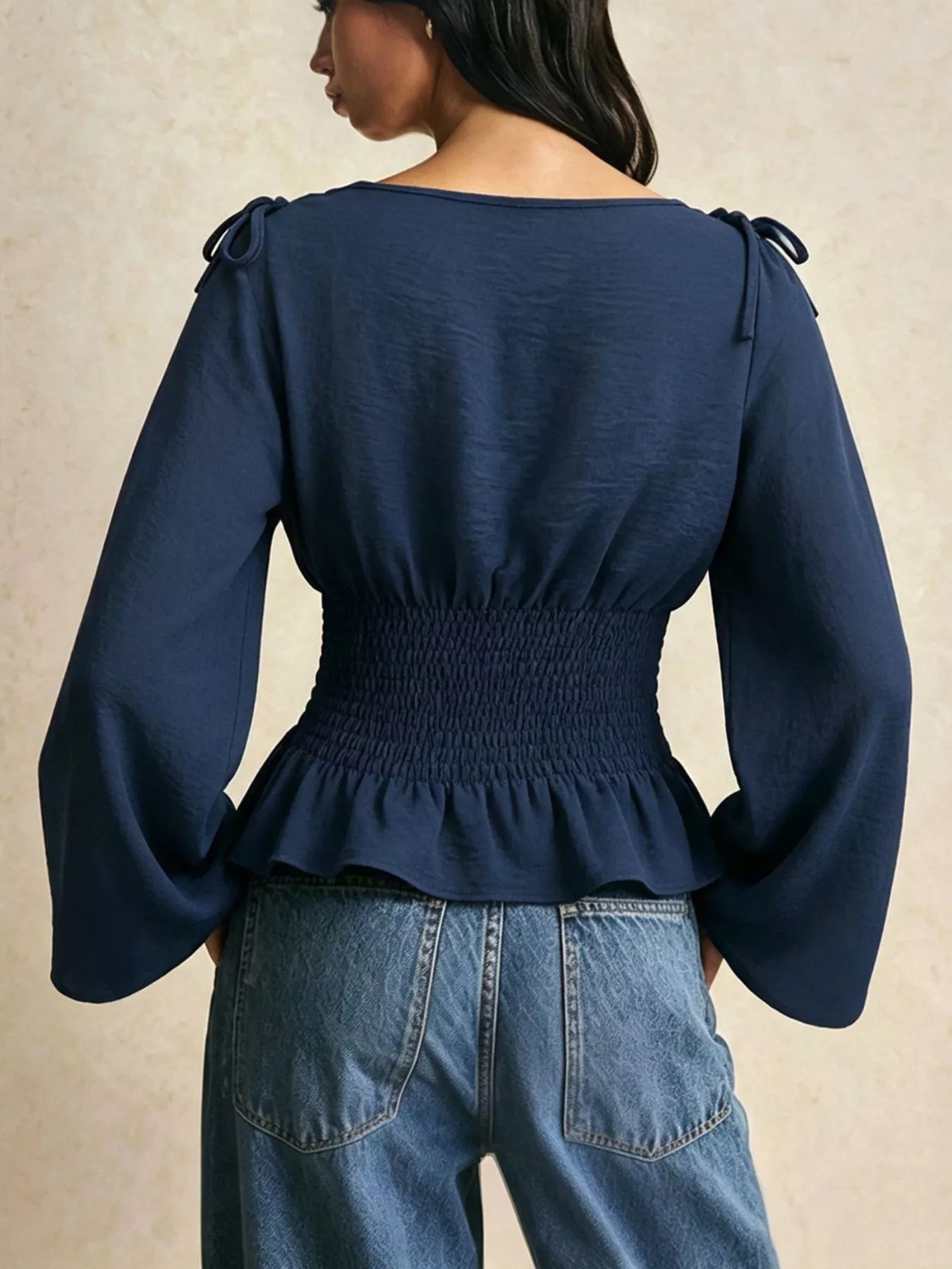 Smocked Waist Flare Sleeve Blouse