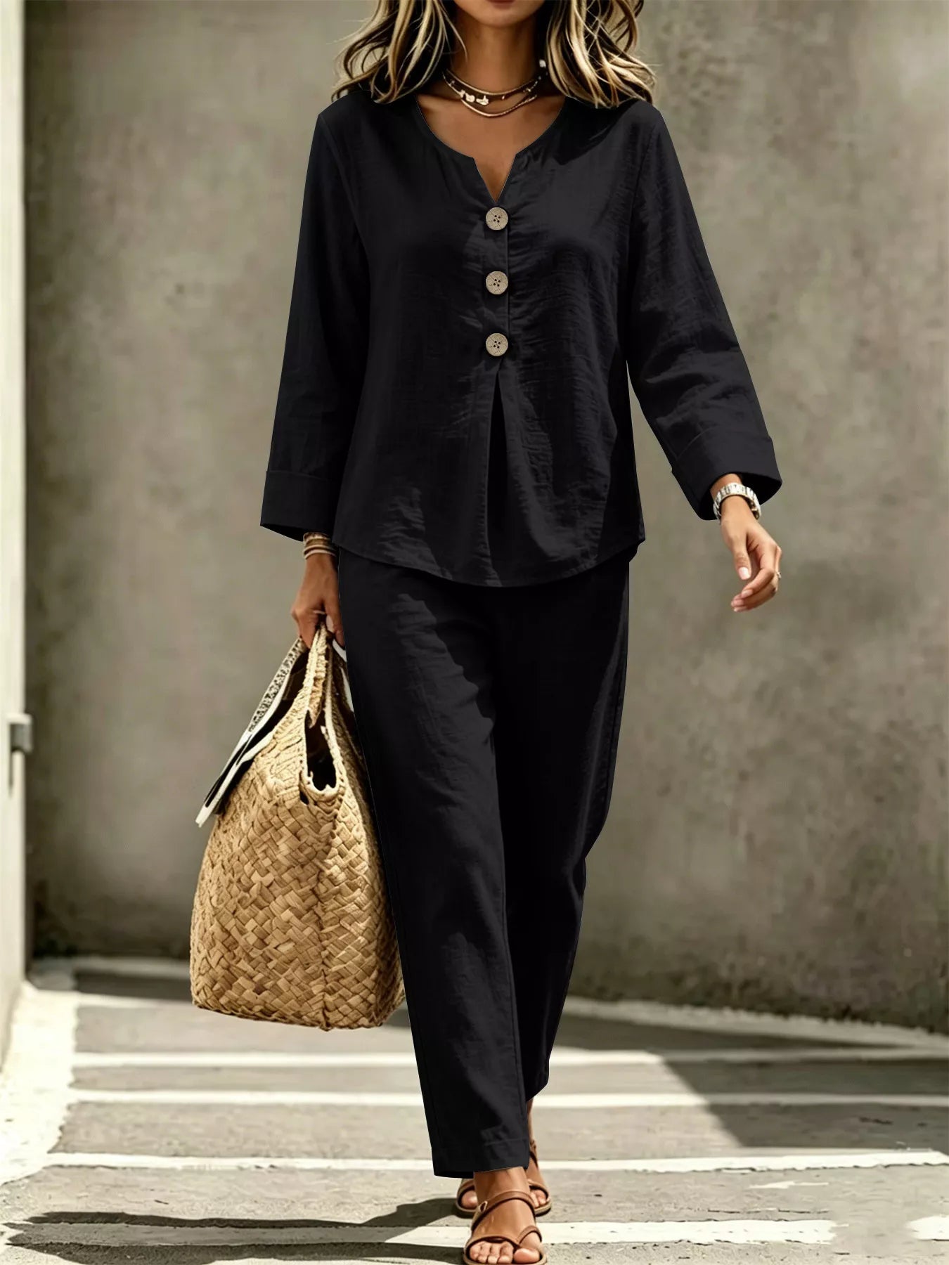 Button Detail Long Sleeve Top and Pants Set