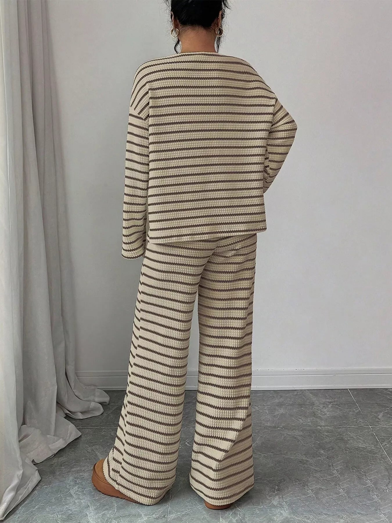 Striped Knit Dropped Shoulder Top and Pants Set