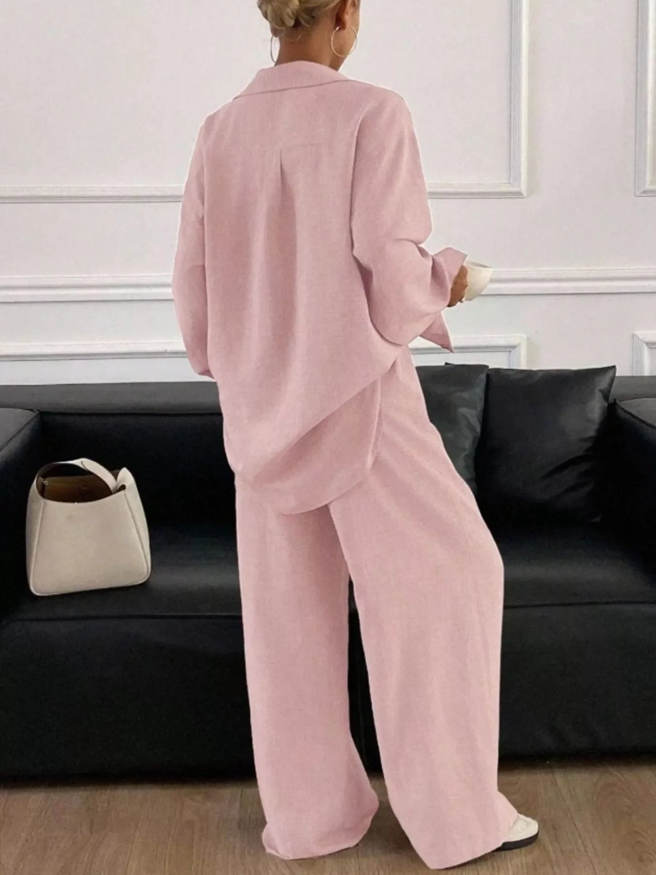 Button Up Long Sleeve Shirt and Wide Leg Pants Set