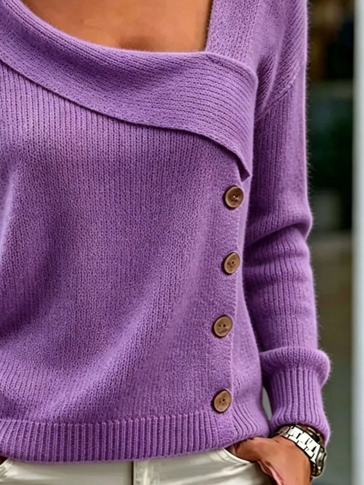 Asymmetric Neckline Button-Decorated Sweater