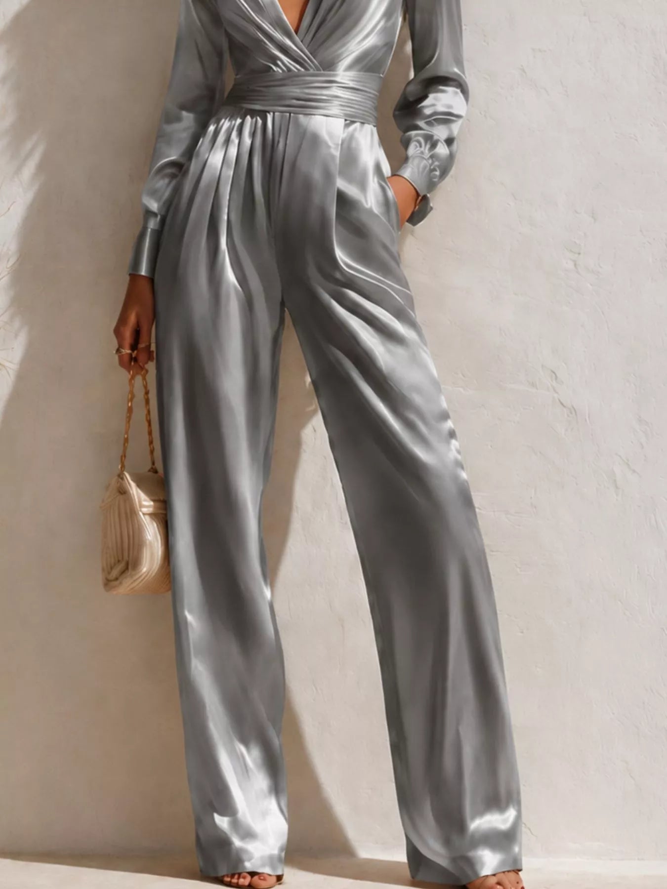 Satin Long Sleeve Wide Leg Jumpsuit