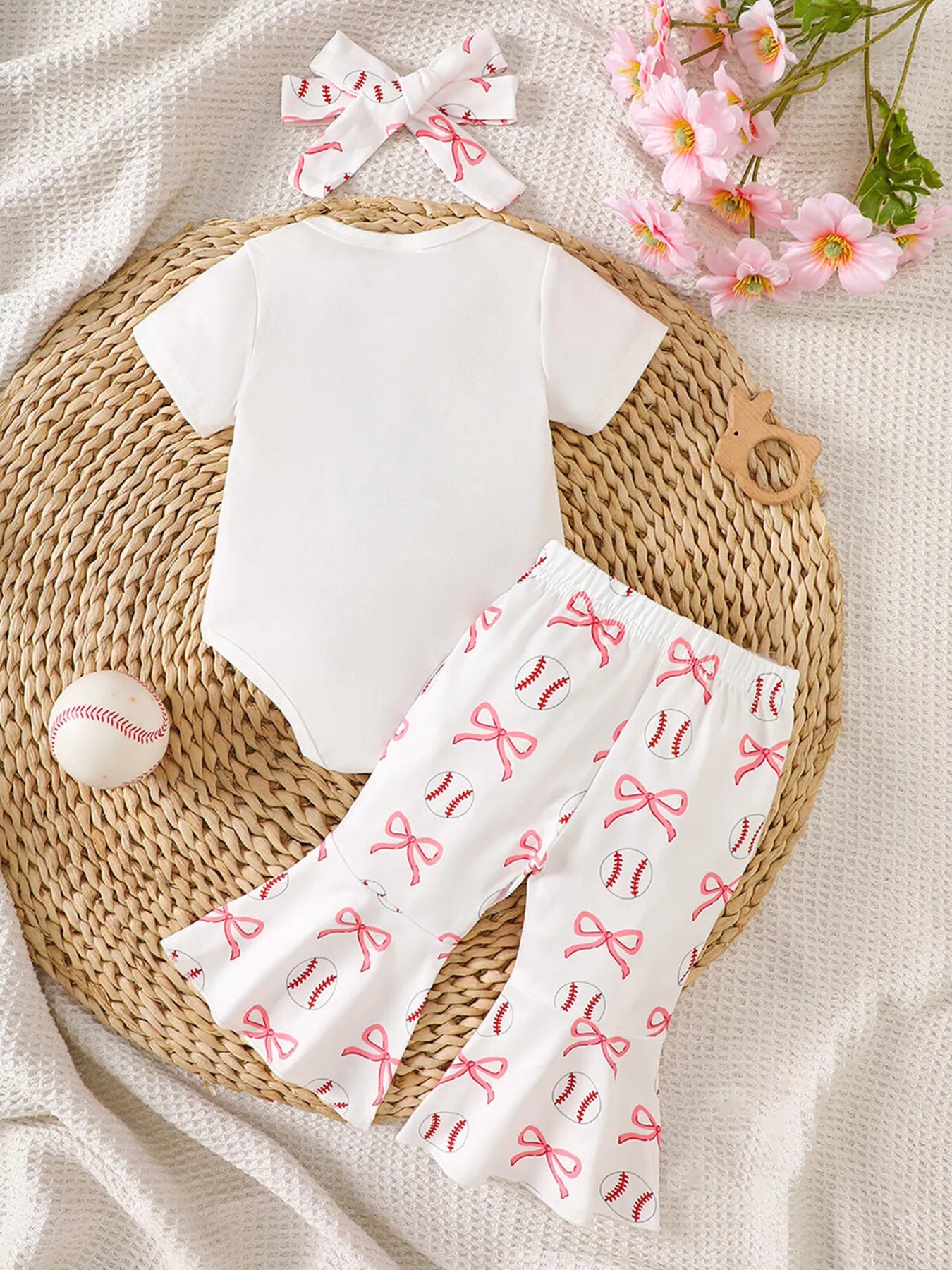 Children's Baseball Short Sleeve Bodysuit and Bow Pants Set with Headband