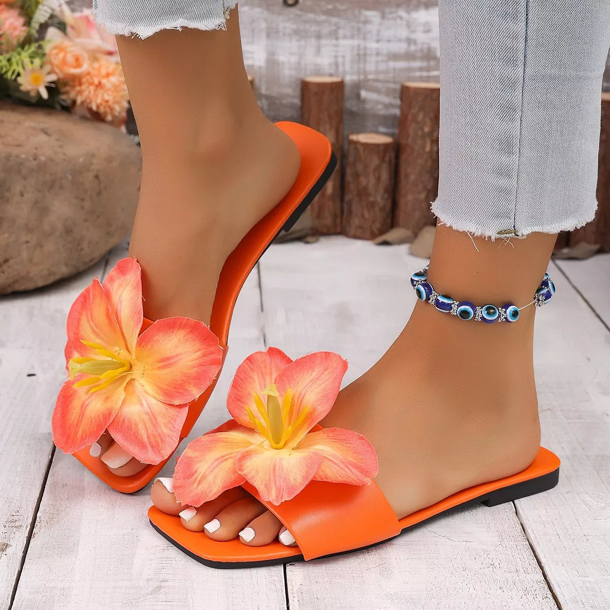 Floral Embellished Square Toe Slide Sandals
