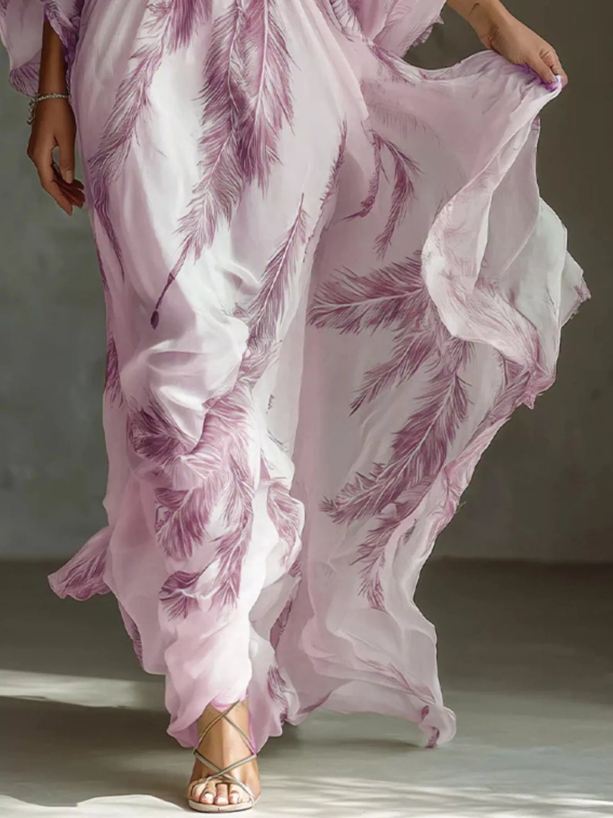 Full Size Feather Print V-Neck Flowy Maxi Dress Plus Size