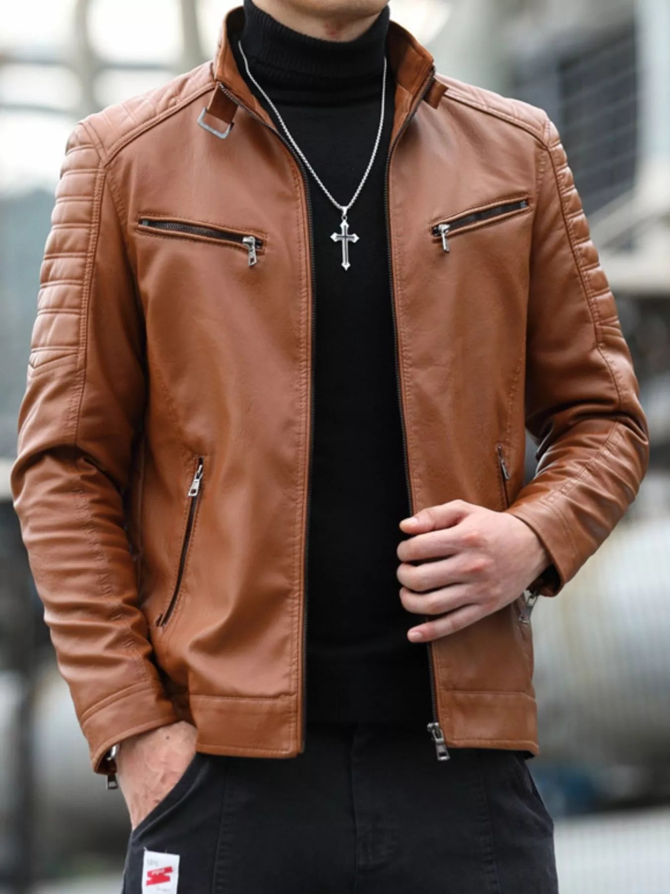 Men's Plus Size Slim Fit Faux Leather Motorcycle Jacket
