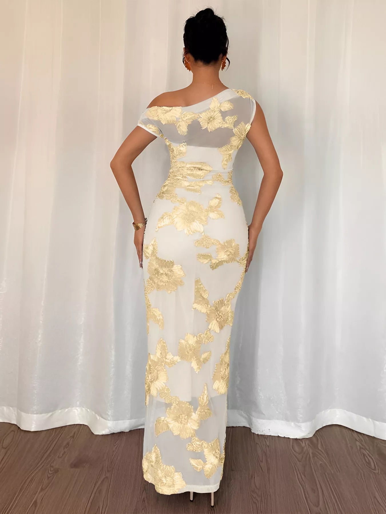 Embroidered One Shoulder Maxi Dress