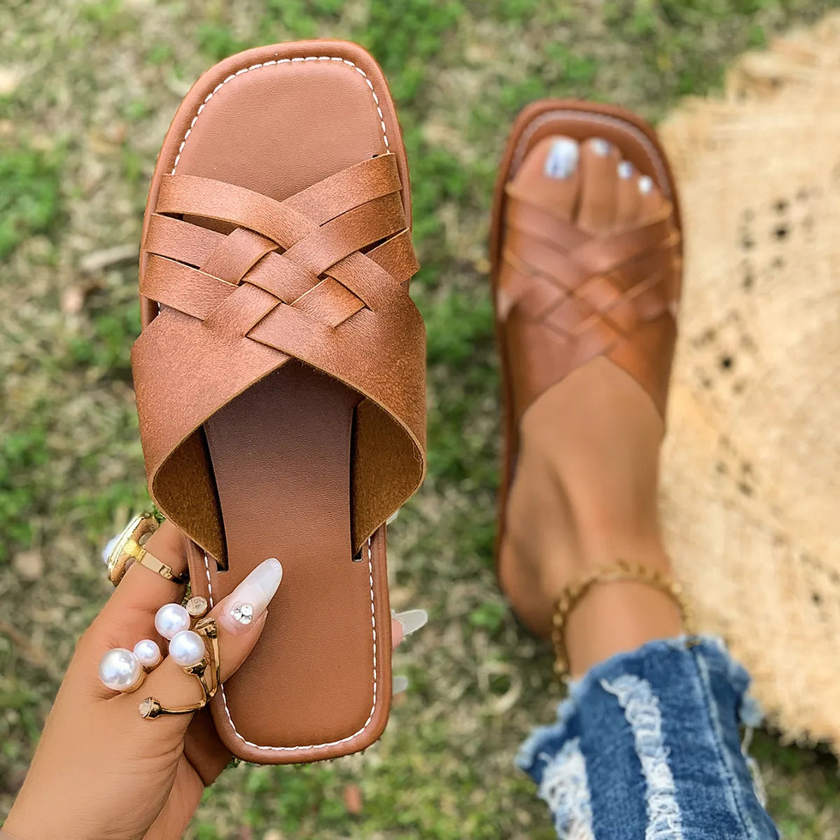 Woven Open Toe Flat Sandals