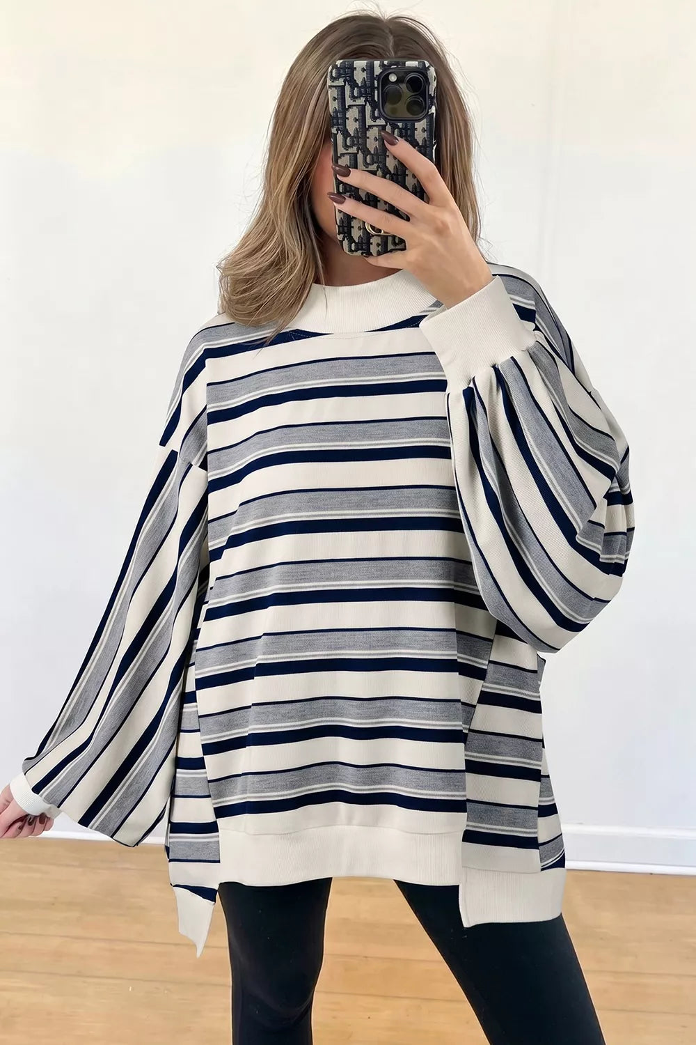 Striped Ribbed Stand Neck Long Sleeve Shift Silhouette Sweatshirt