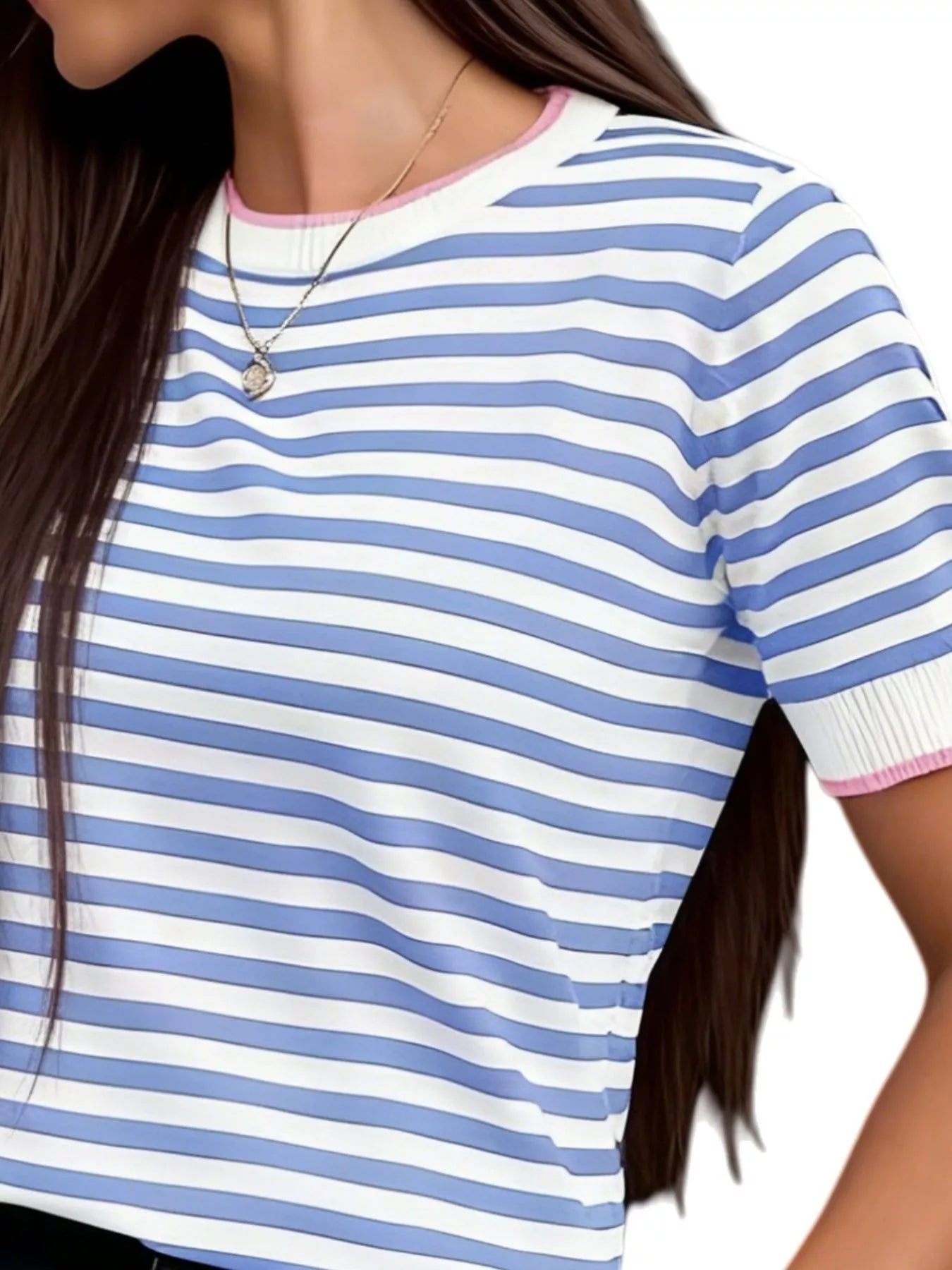 Contrast Trim Striped Short Sleeve Knit Top