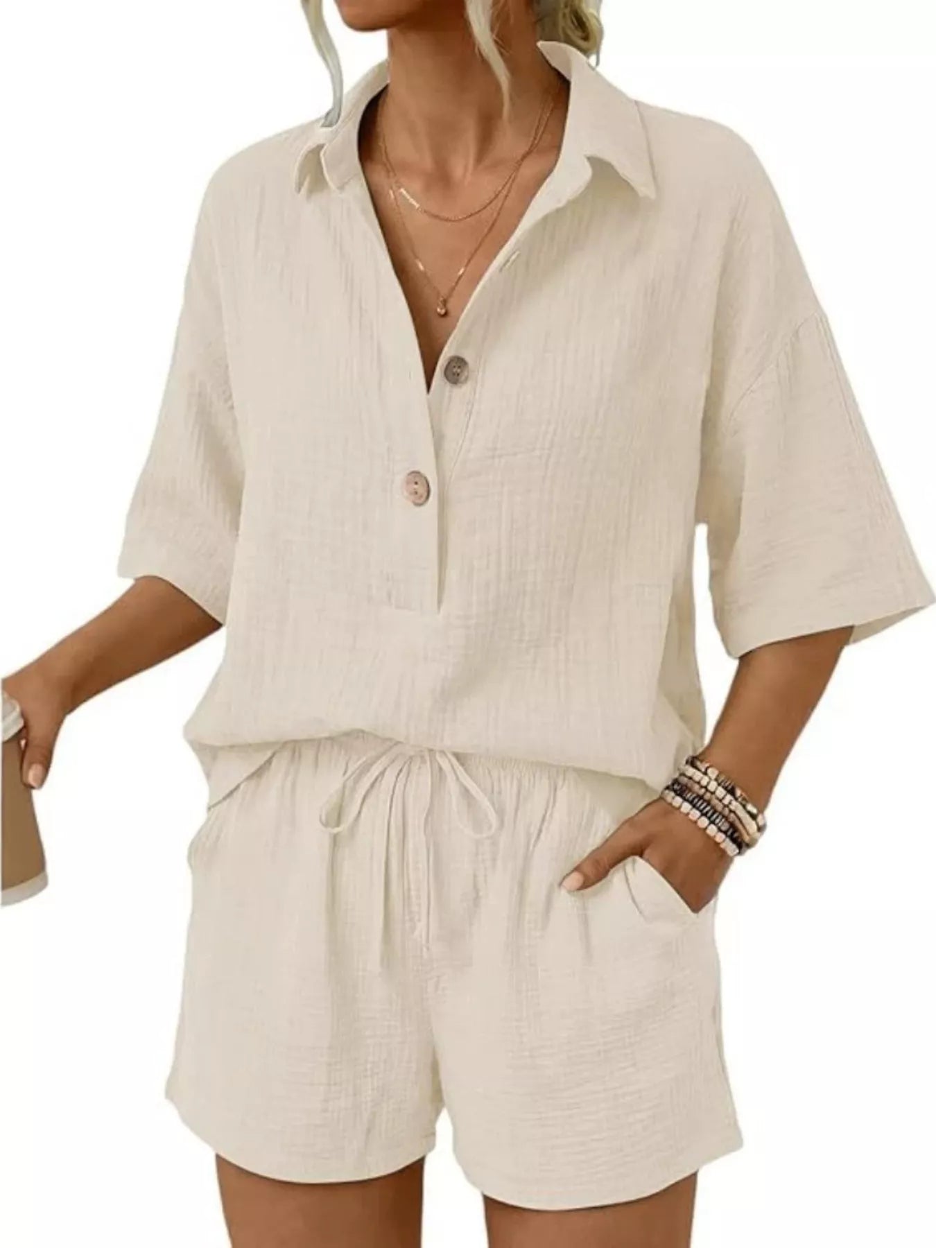 Linen Button Front Short Sleeve Top and Shorts Set