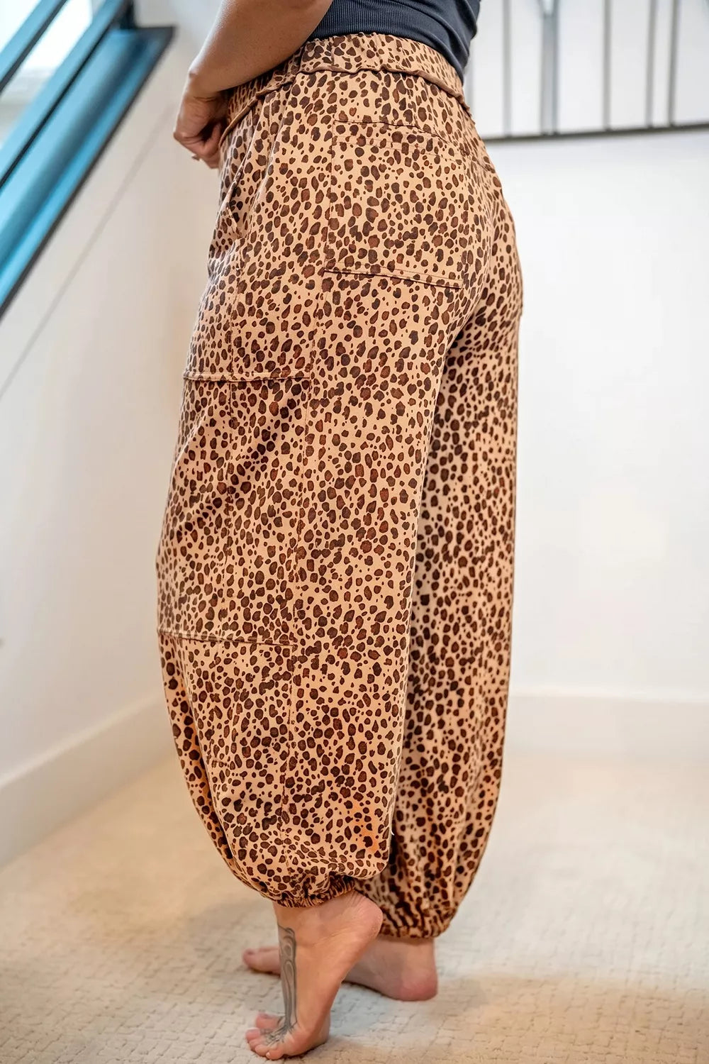 Leopard Print Drawstring Waist Patch Pockets Pants